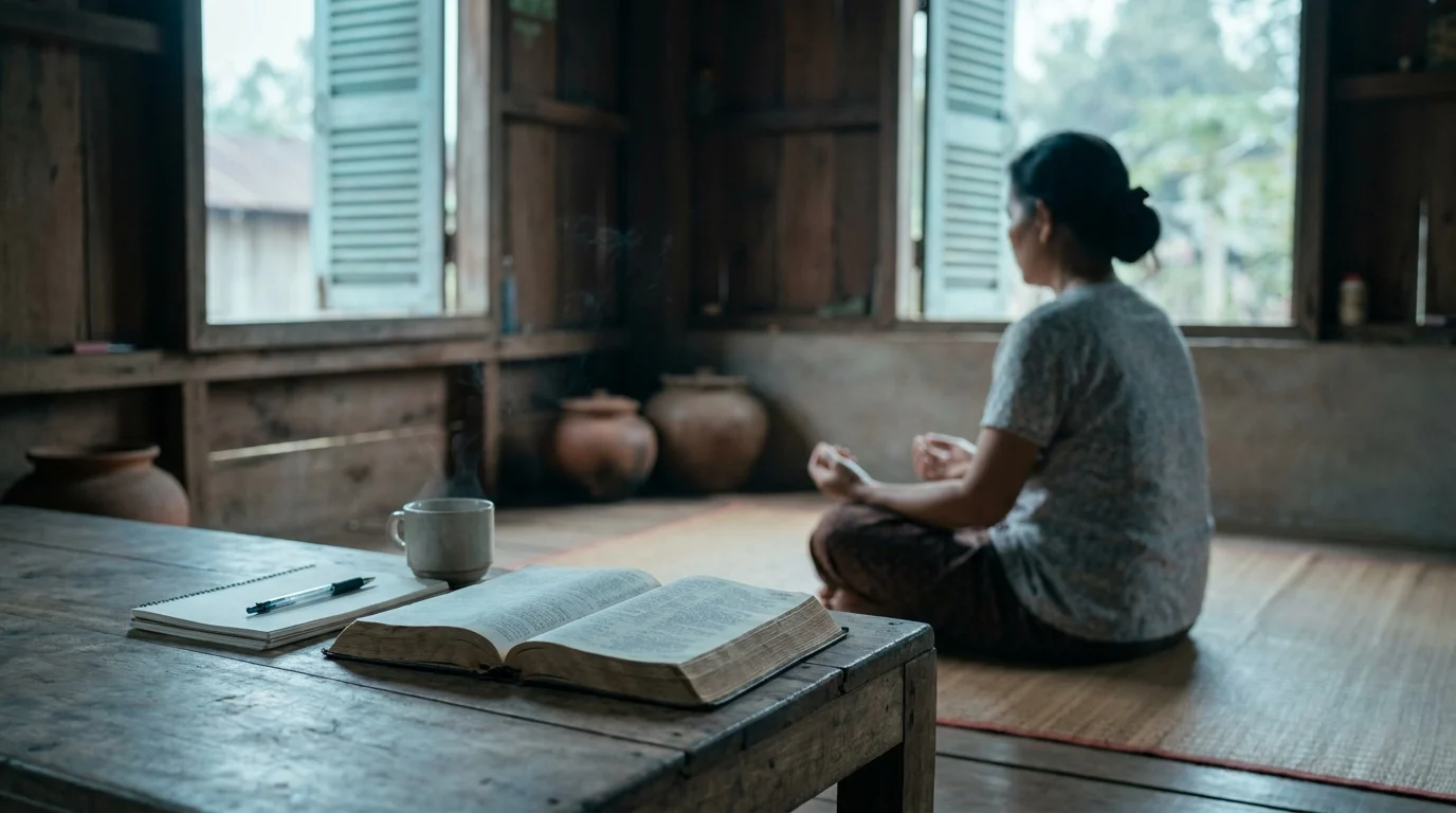 Open Bible and notebook on a table while a woman sits quietly nearby, pausing in reflection before an open window