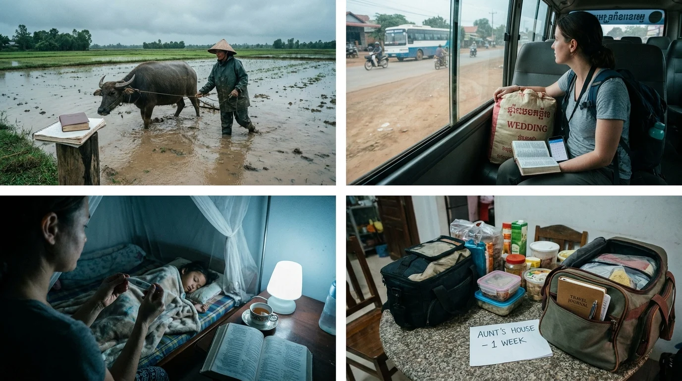 Four scenes of quiet time amid changing seasons: a farmer with a water buffalo beside a devotional book, a woman reading her Bible on a bus, a mother praying over a sick child with an open Bible nearby, and a packed bag with journal beside a note reading "Aunt's House – 1 week