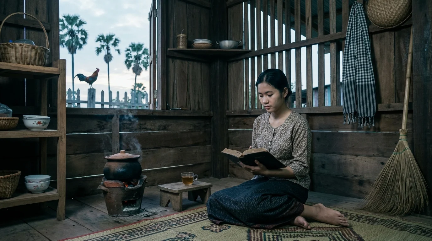 Woman sitting quietly on a mat reading a devotional book at dawn, tea and cooking pot nearby in a rustic wooden home