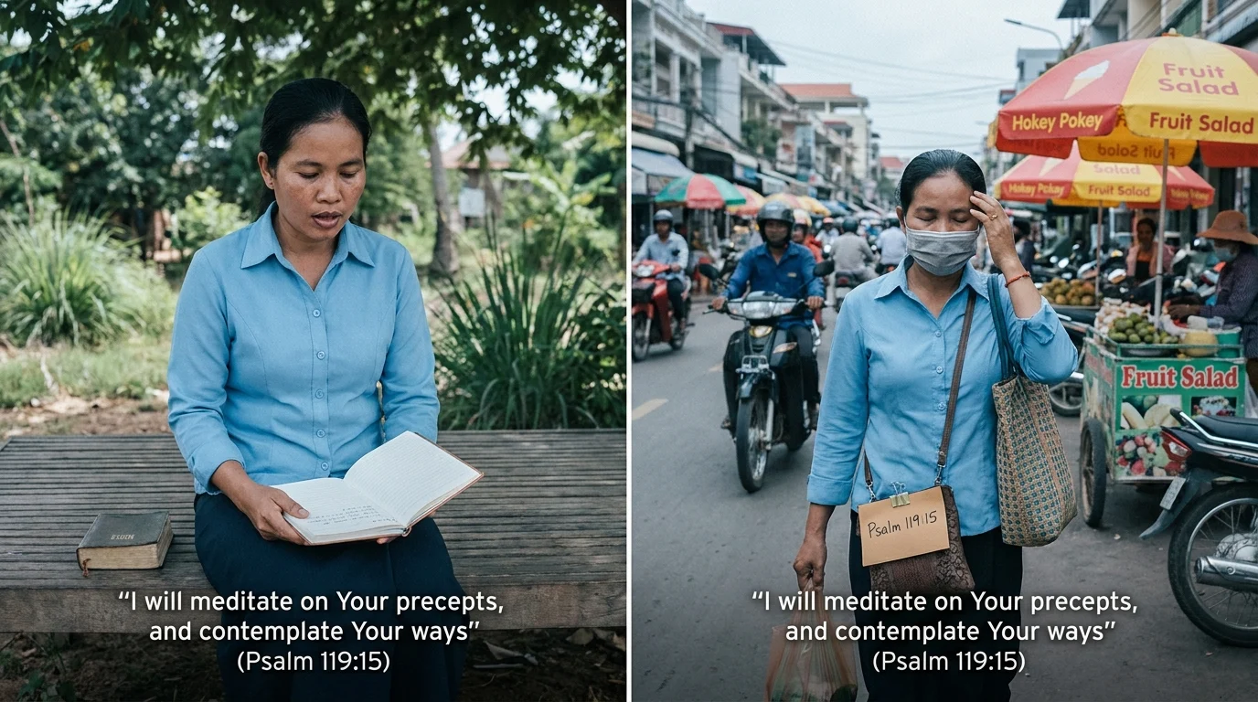 Woman reading Scripture quietly outdoors, then reciting it while walking through a busy street market, with text: "I will meditate on Your precepts, and contemplate Your ways" (Psalm 119:15)
