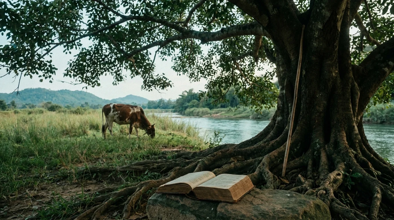 An open Bible resting on a rock beneath a tree by a river, with a cow grazing peacefully nearby