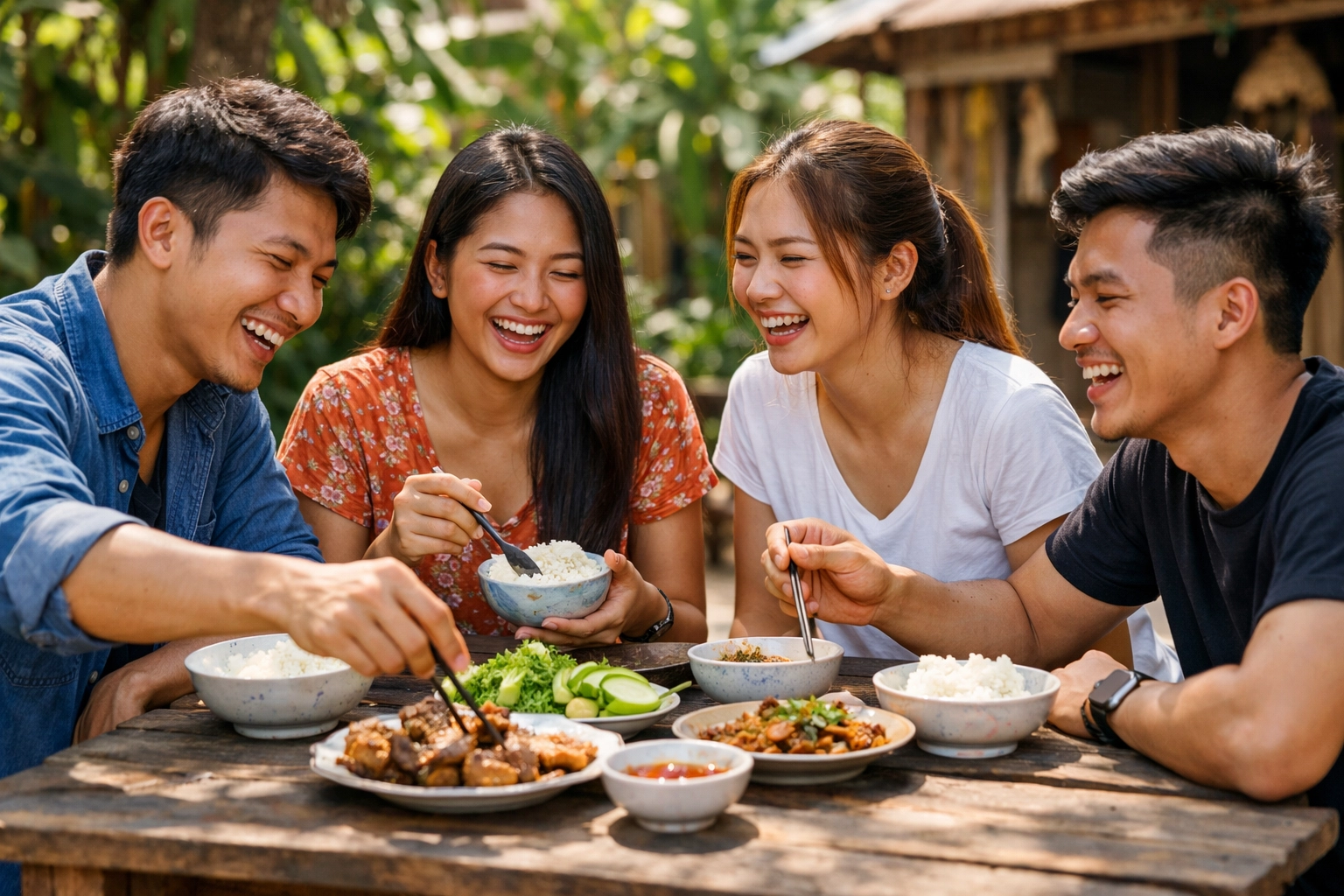 A group of Khmer friends laughing and talking together while eating a simple meal outside.