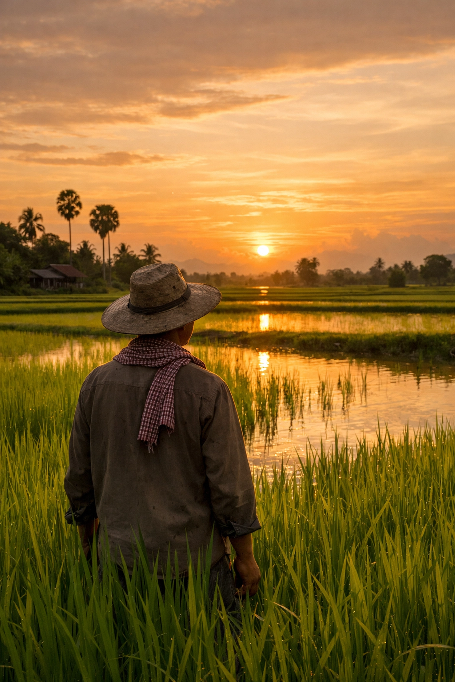 A Cambodian farmer standing in a lush rice field at sunset, reflecting a new identity and freedom in Christ.