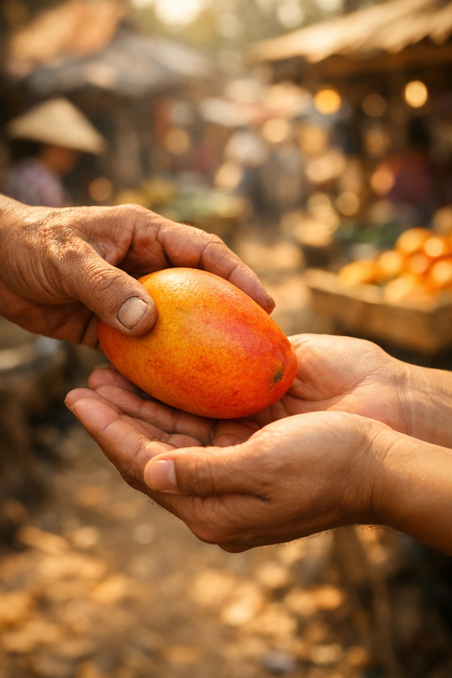 Grace and faith shown through a Cambodian market stall with hands reaching out to receive a free gift.