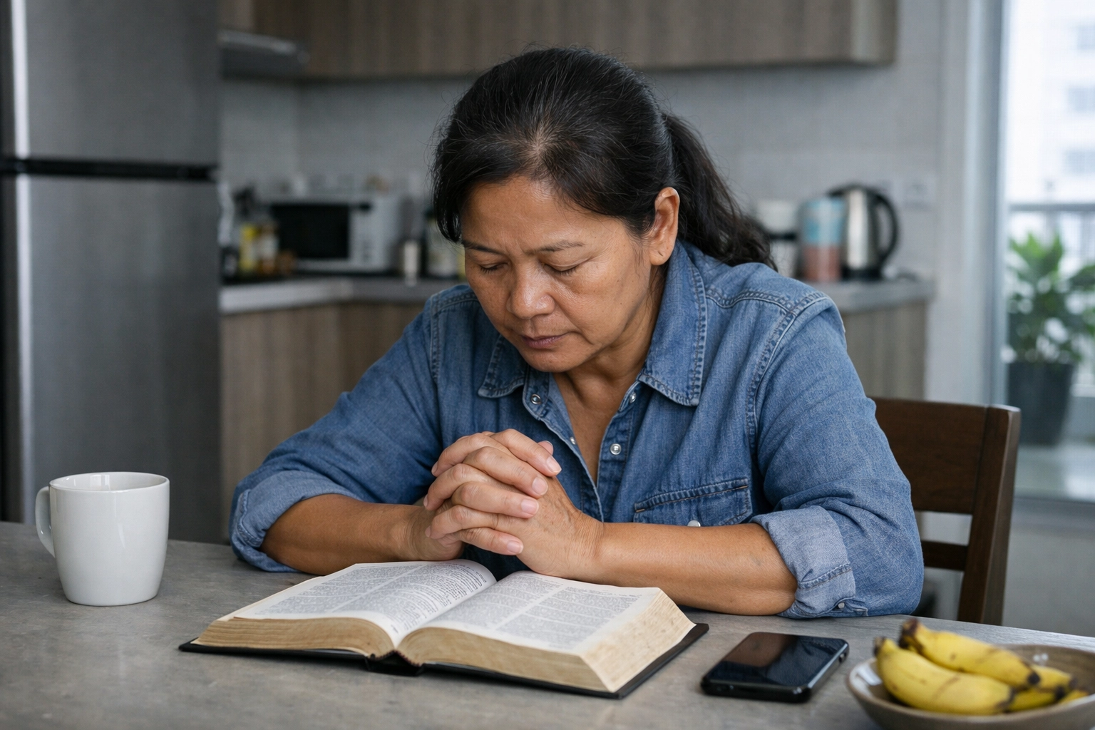 Middle-aged Cambodian woman praying at a kitchen table in a modern Phnom Penh apartment with an open Bible before her.