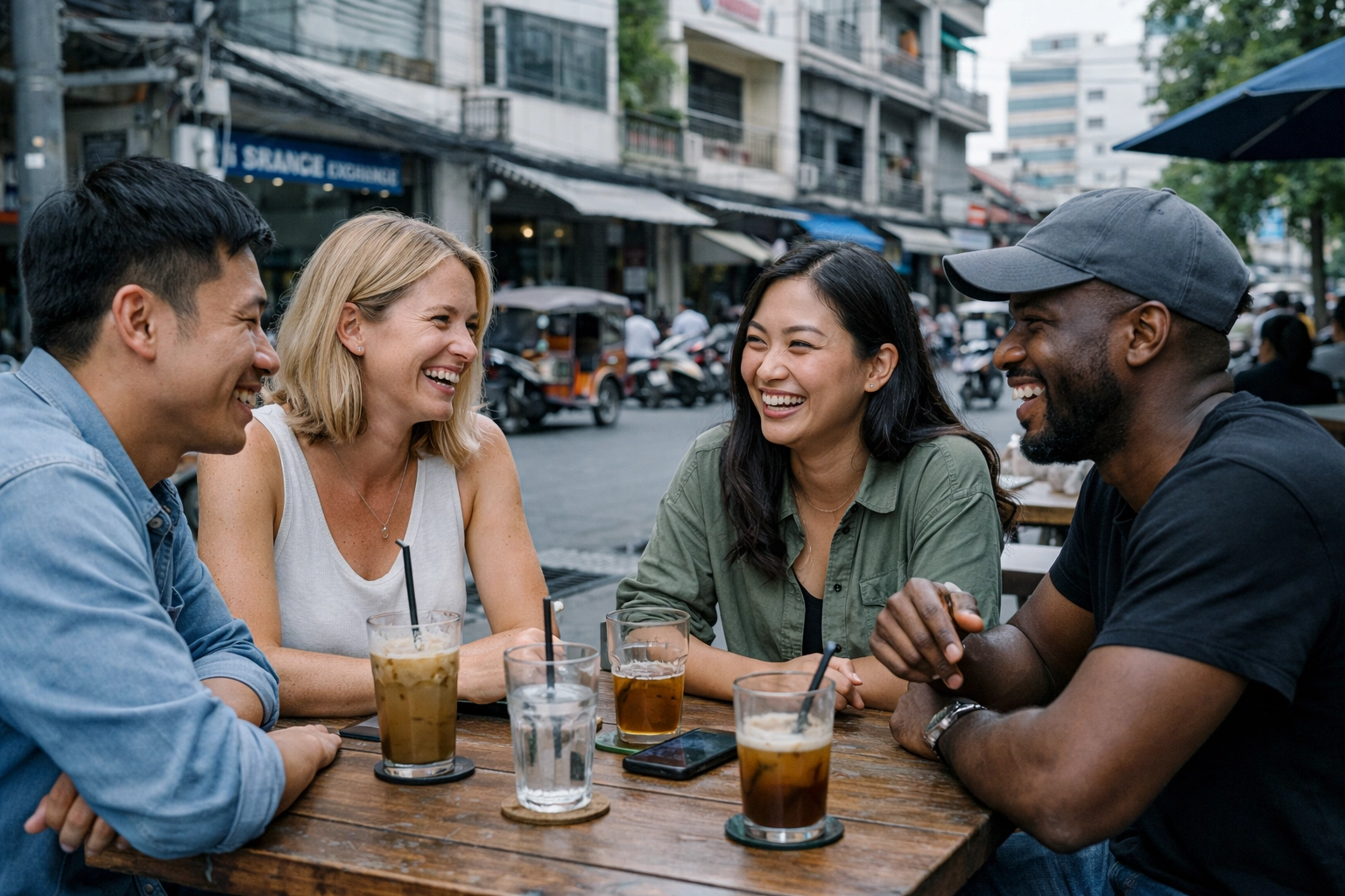 Photo-realistic hero image of a diverse group of people in Phnom Penh, Cambodia, smiling and sharing a joyful conversation in an outdoor cafe