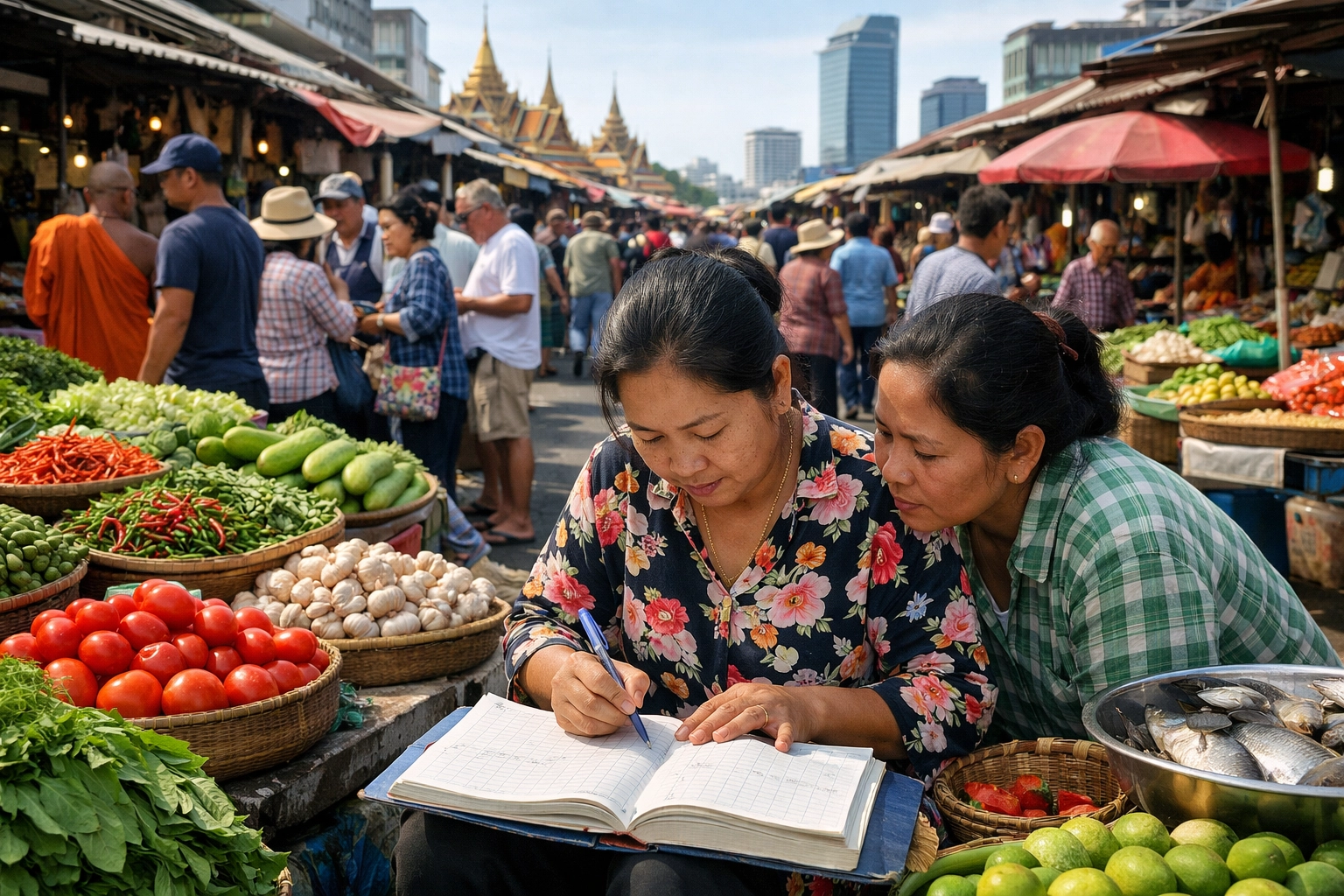 Cambodian market vendors in Phnom Penh tracking records, illustrating the divine ledger of christian spiritual growth.