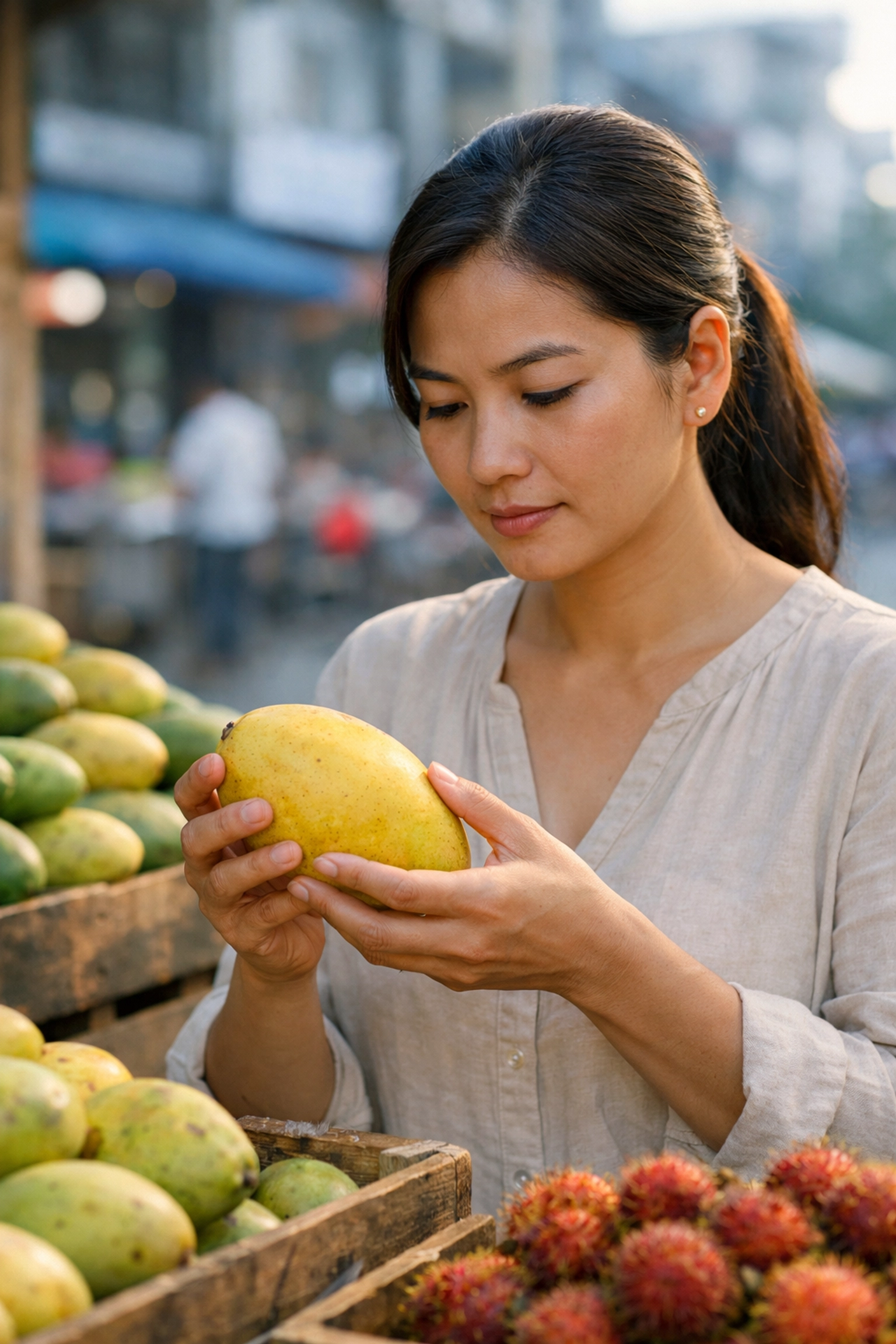 Woman at a Phnom Penh market inspecting fruit to show spiritual discernment of God's voice.
