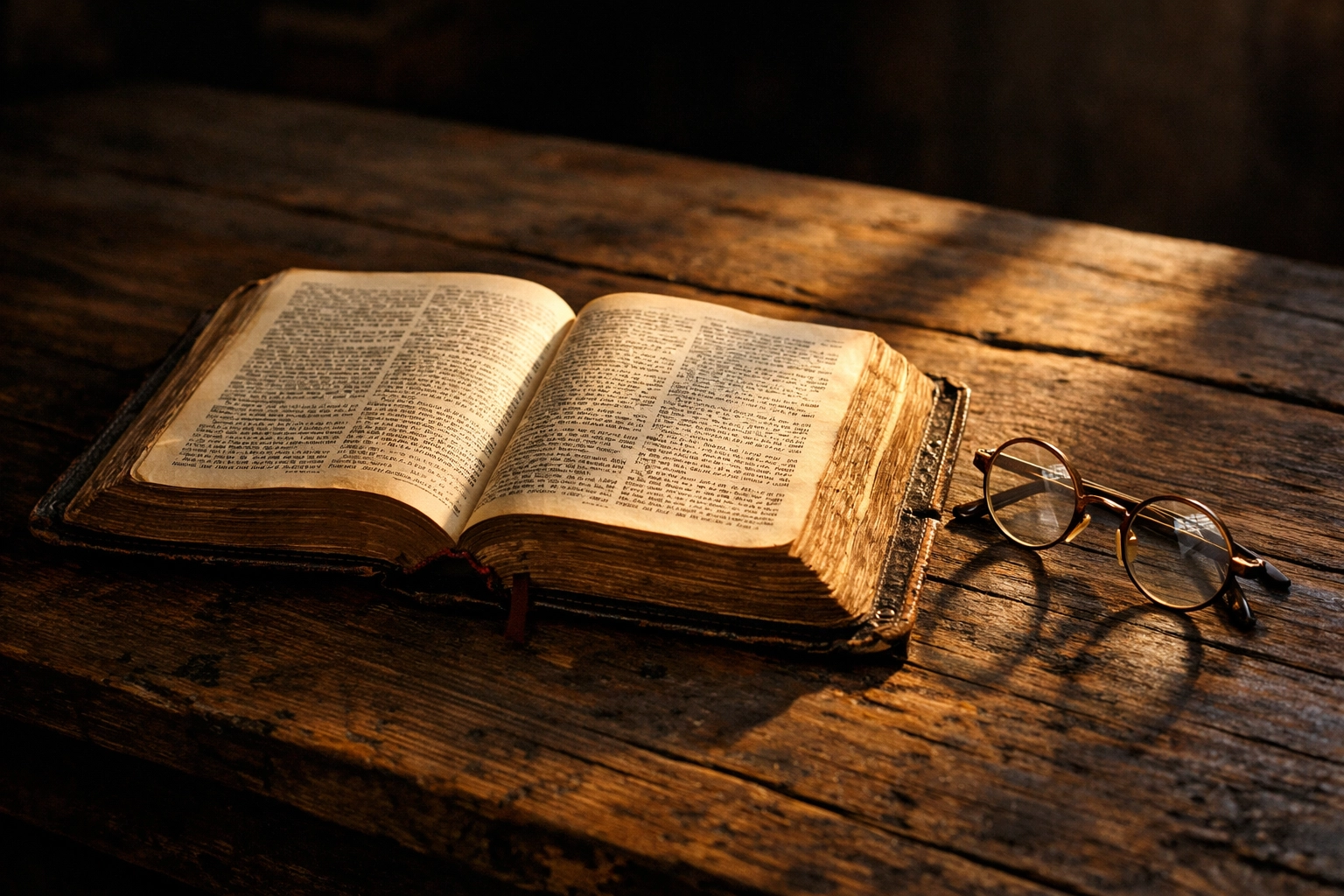 An open leather-bound Bible on a rustic table in warm sunlight, showing the source of God's word on redemption.