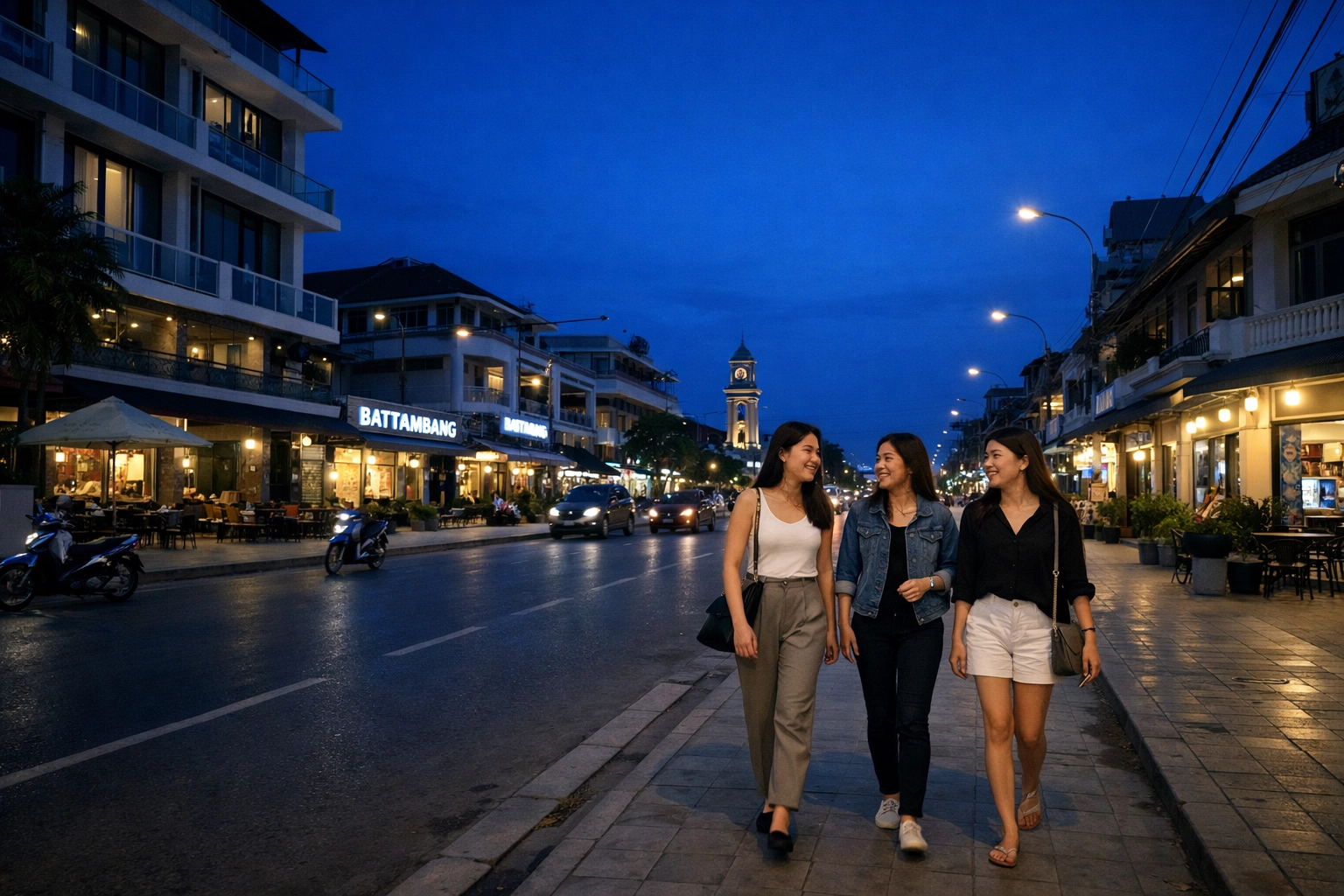 Women walking peacefully on a Battambang street, showing the social beauty of biblical reconciliation.
