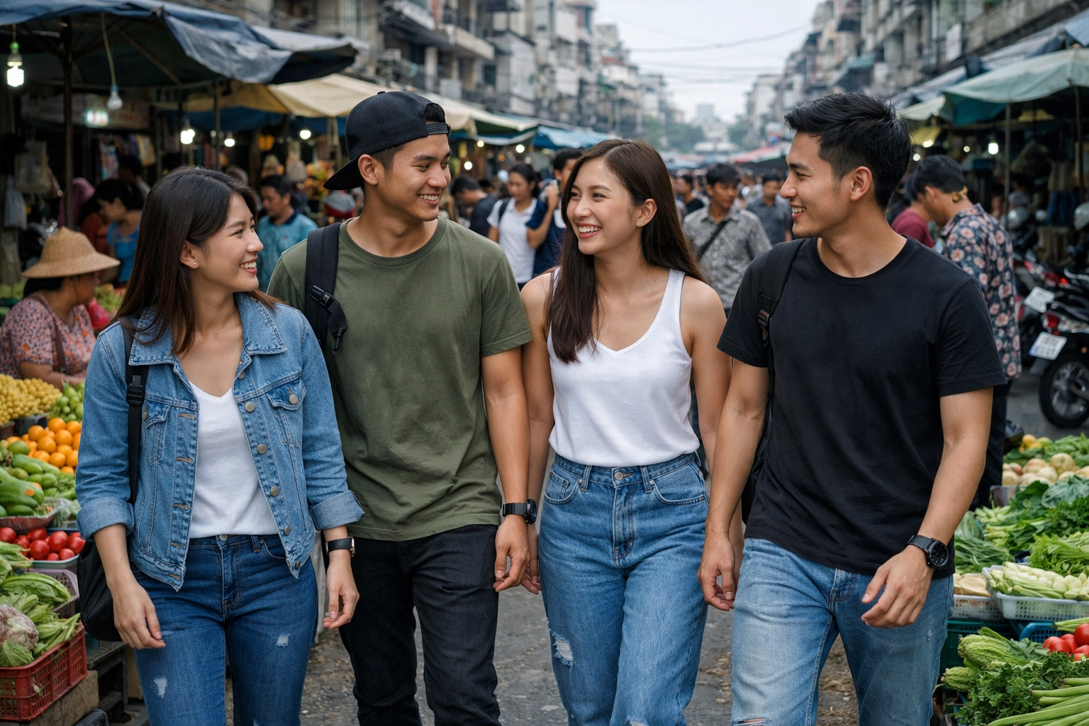 Photo-realistic image of a bustling Phnom Penh market in Cambodia where a group of friends talk together among produce stalls and shoppers