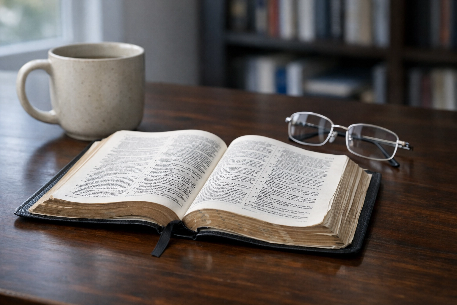 An open Bible on a wooden desk representing the enduring and inerrant truth of God's Word.