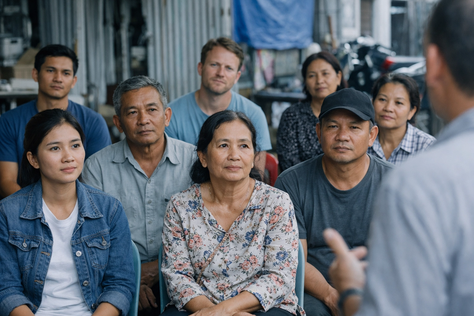 Photo-realistic image of a diverse group of people in Cambodia listening kindly to someone speaking during a small community gathering