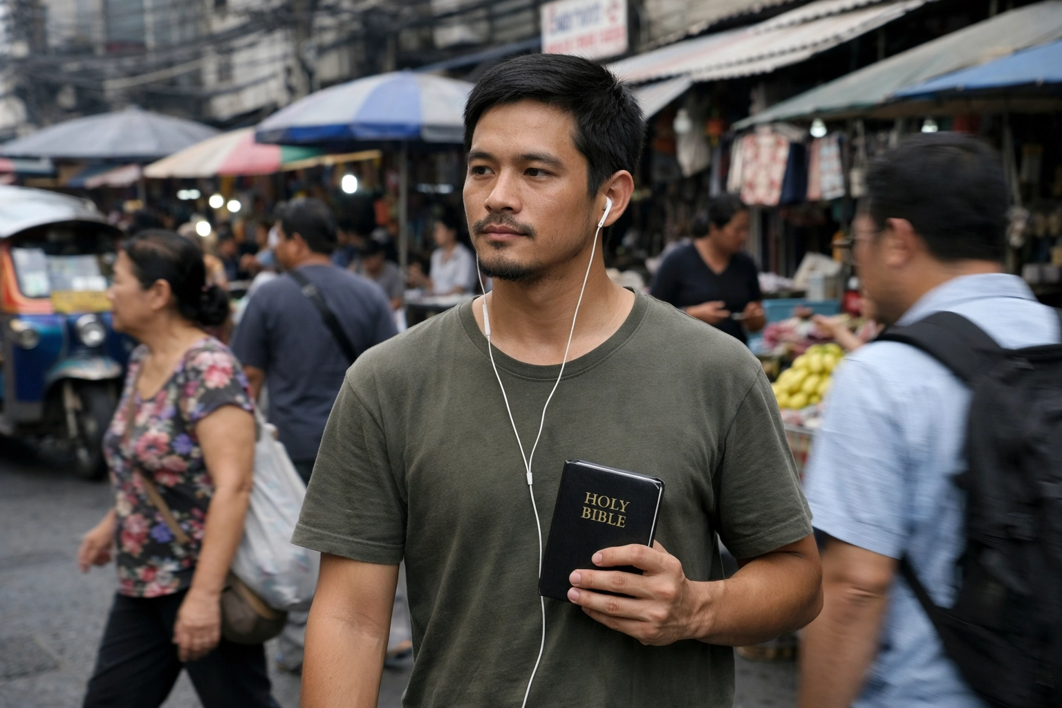 A person walking past a busy Southeast Asian street market while holding a small Bible, calm face, neutral daylight.