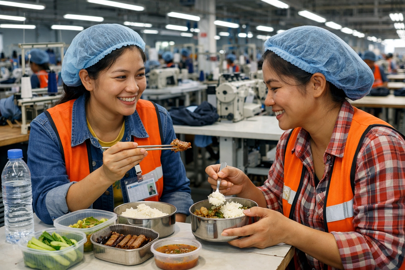 Phnom Penh garment factory worker sharing lunch with a coworker, showing Christian sanctification through kindness and spiritual growth in Cambodia.
