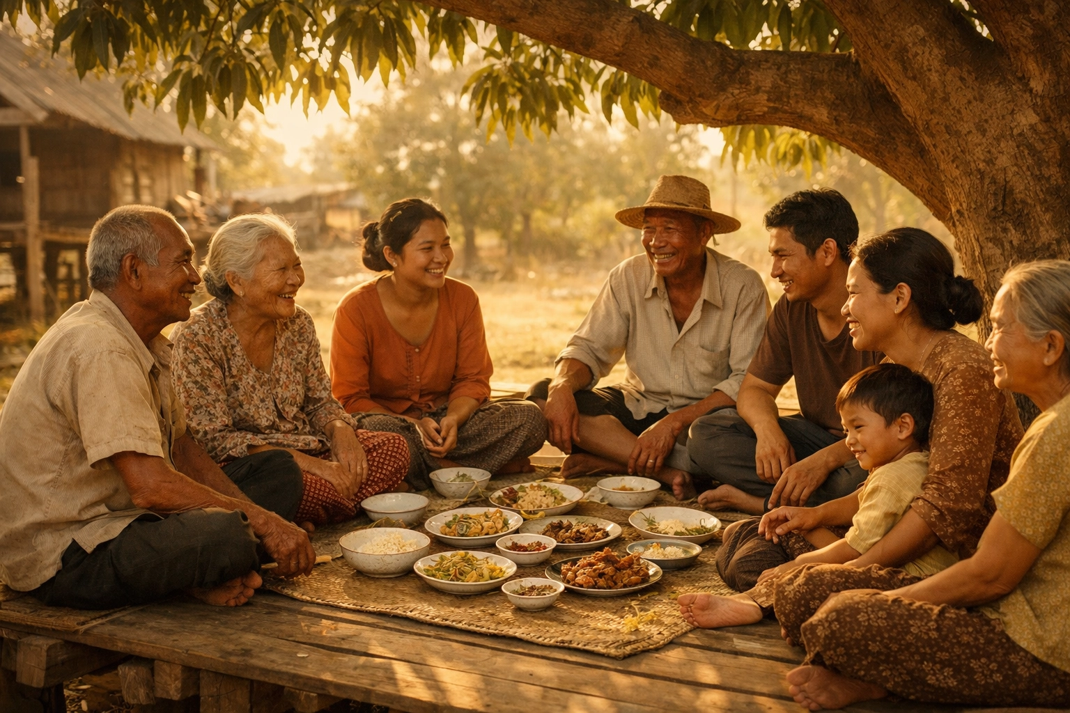 Uplifting Christian articles theme with friends sharing a meal in a Cambodian village.