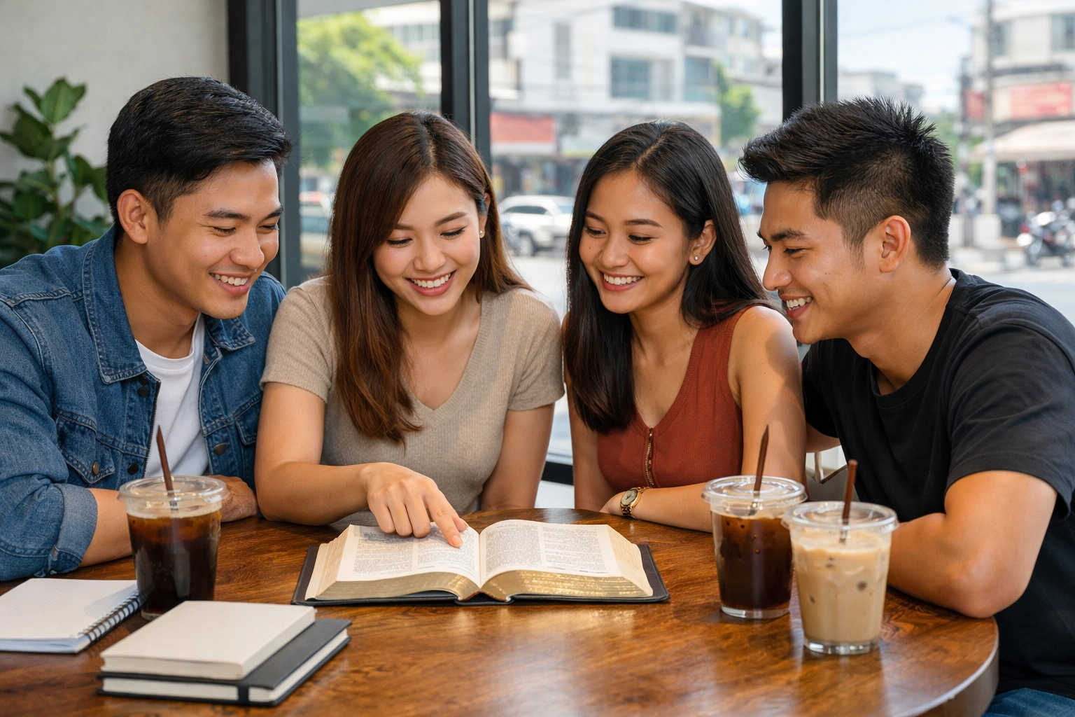 Young adults studying the Bible together in a cafe, showing faith and joy through inspirational Christian articles.