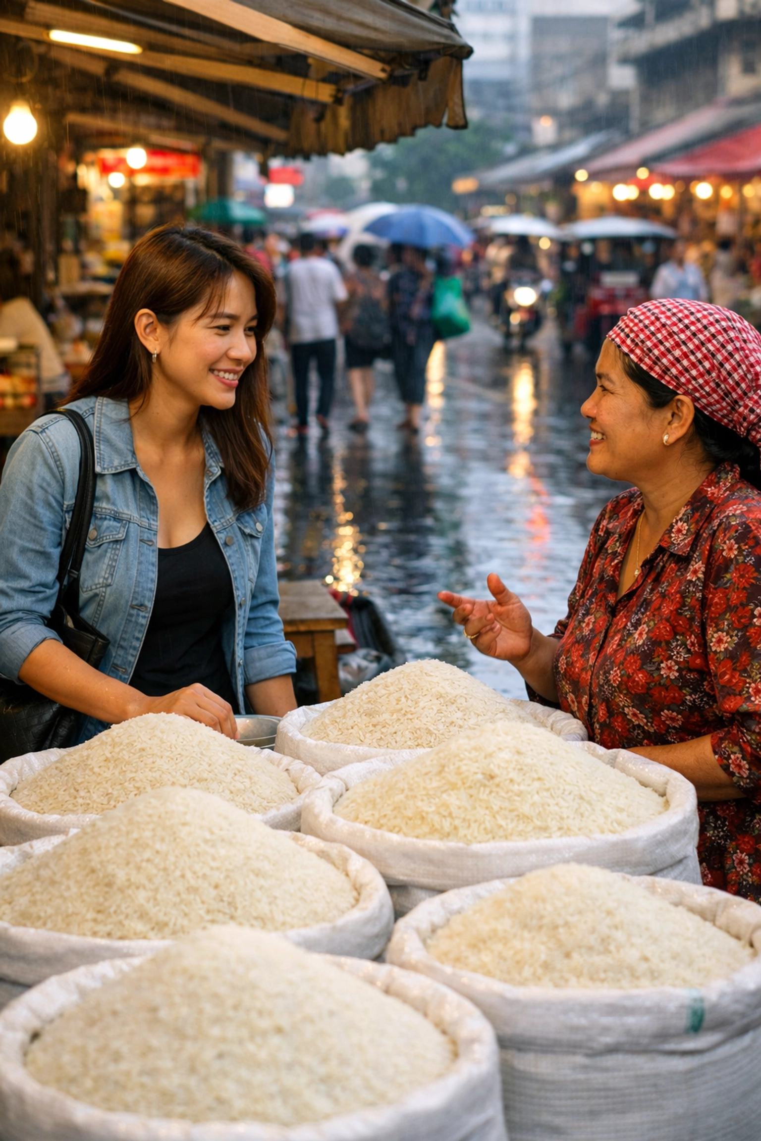 A Cambodian woman buying rice at a Phnom Penh market stall during a rainy afternoon symbolizing trust.