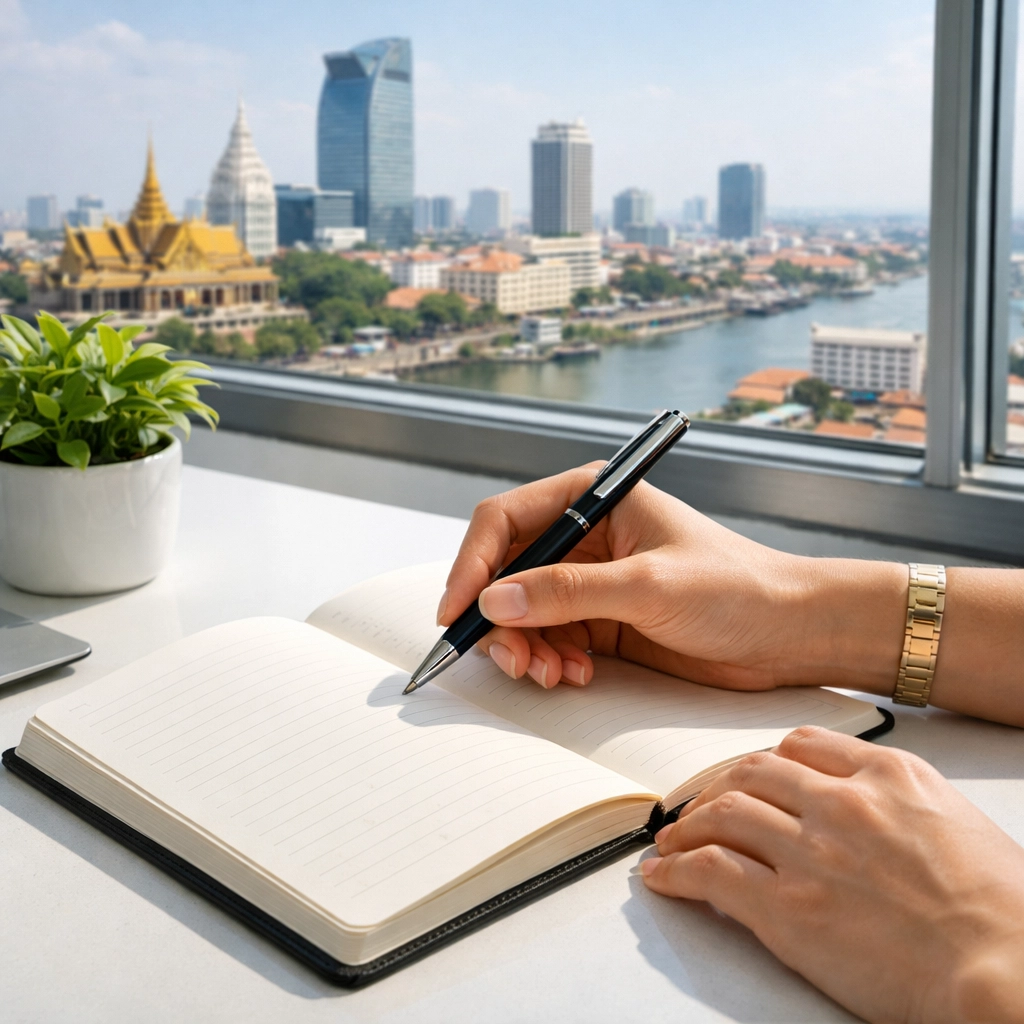 A woman reflecting on receiving God’s forgiveness while journaling at a desk in Phnom Penh.