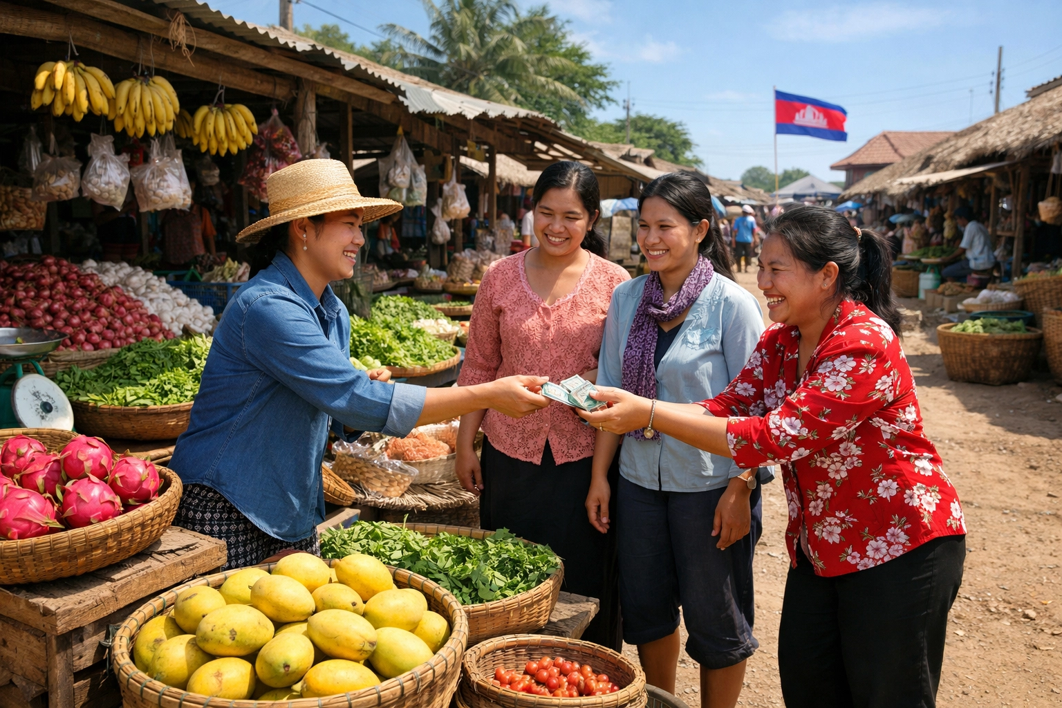 Cambodian market scene showing an honest transaction, representing how Christ paid the debt for our sins.