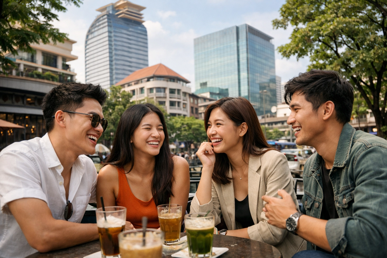 Friends talking at a modern Phnom Penh cafe representing the strength of shared faith and Christian community.