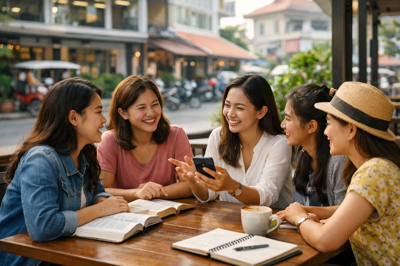 A christian community online group gathering in a Phnom Penh cafe to discuss faith and spiritual growth together.
