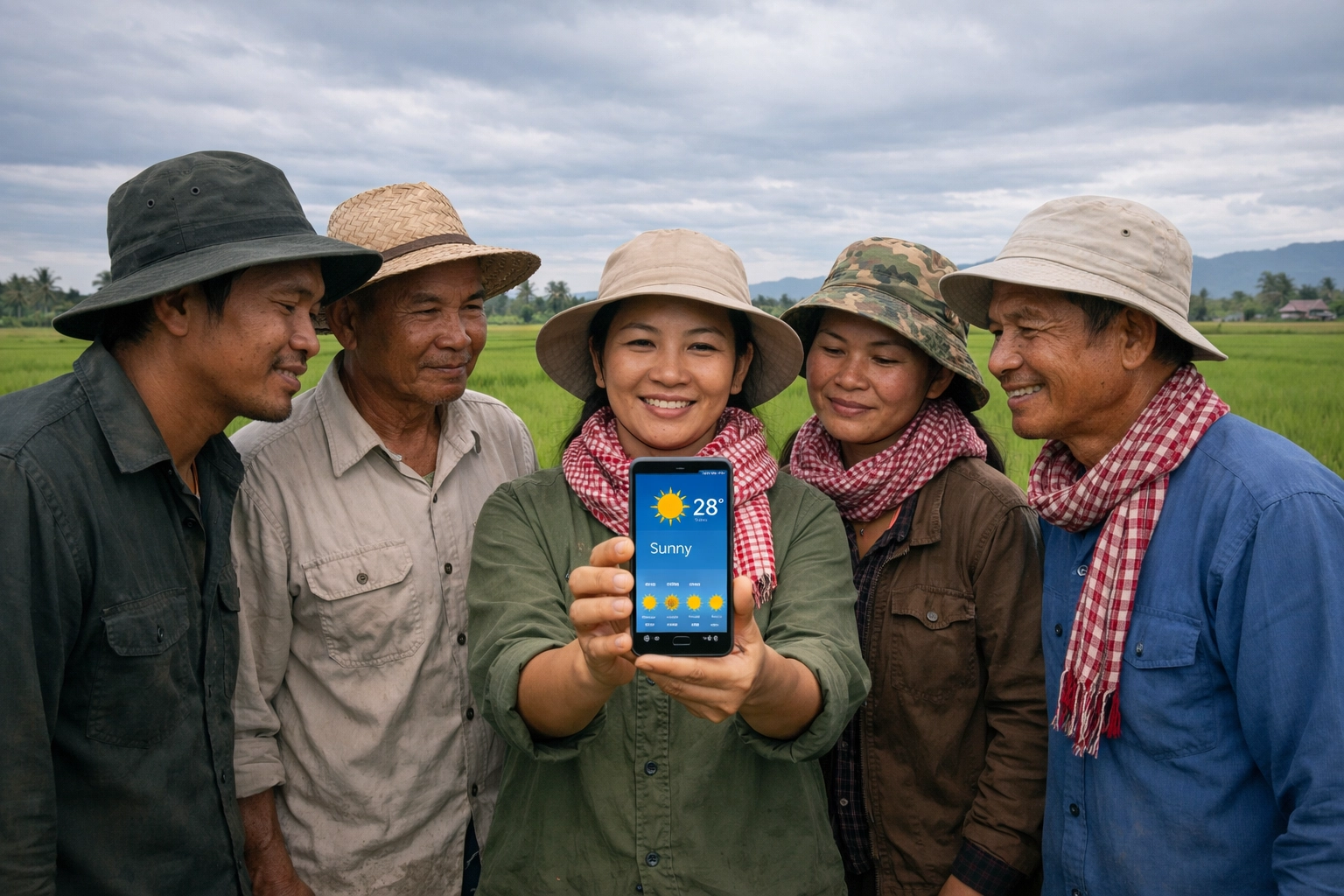 Cambodian farmers checking a reliable weather forecast in a green rice field for planting guidance.
