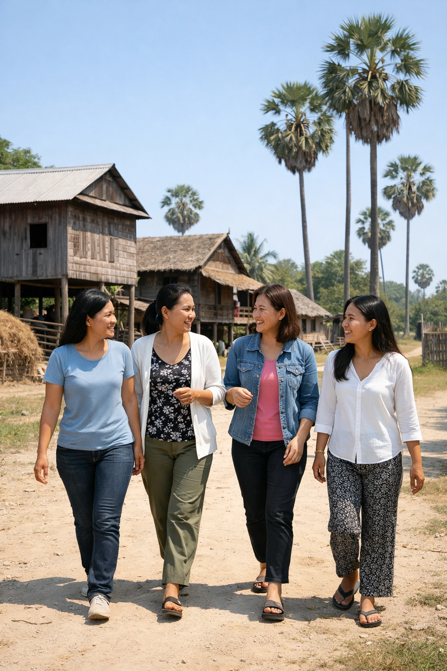 A peaceful Cambodian village at midday showing a community resting in the truth of God's grace.