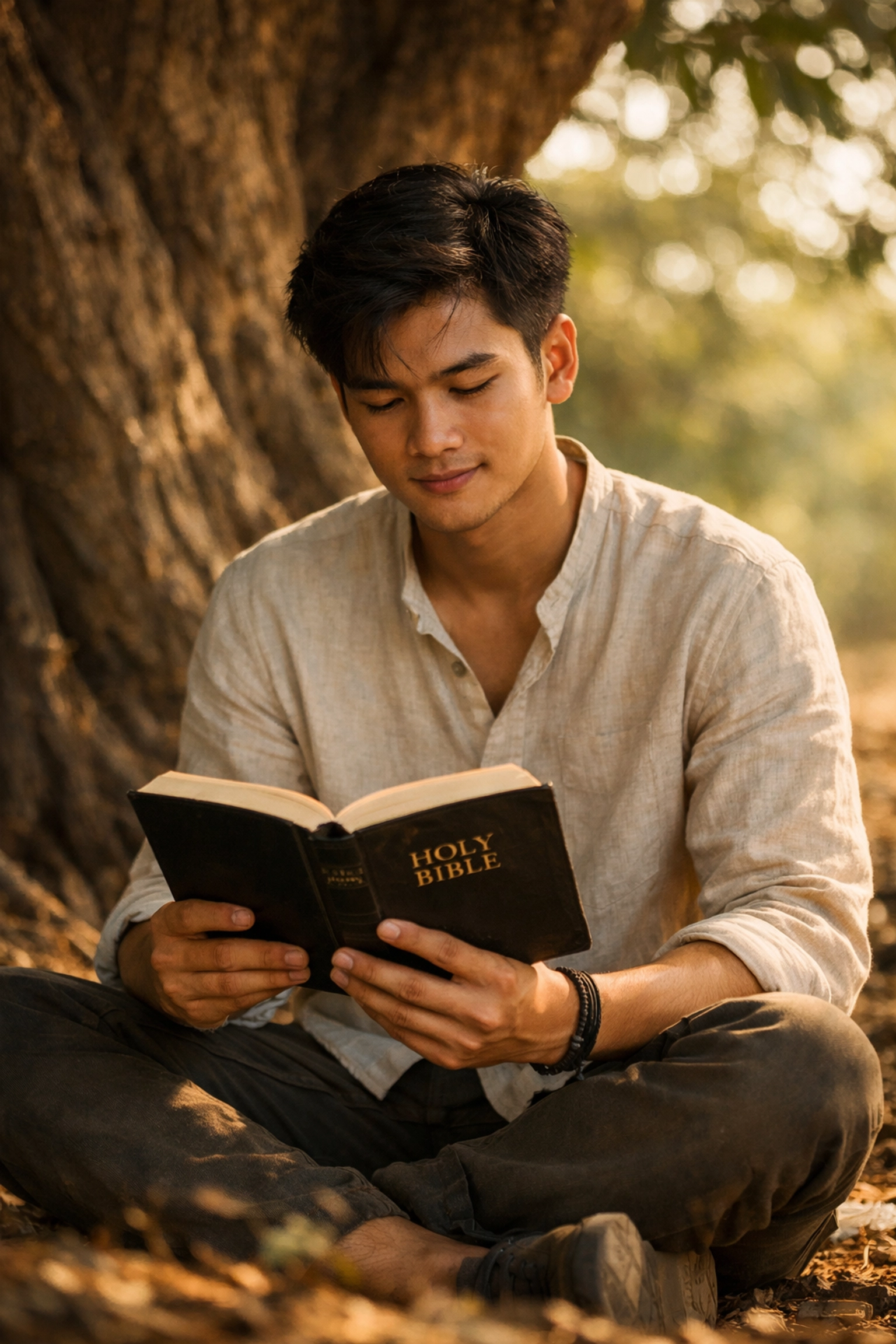 A young Khmer man sitting quietly under a tree, reading a Bible with a look of peace.