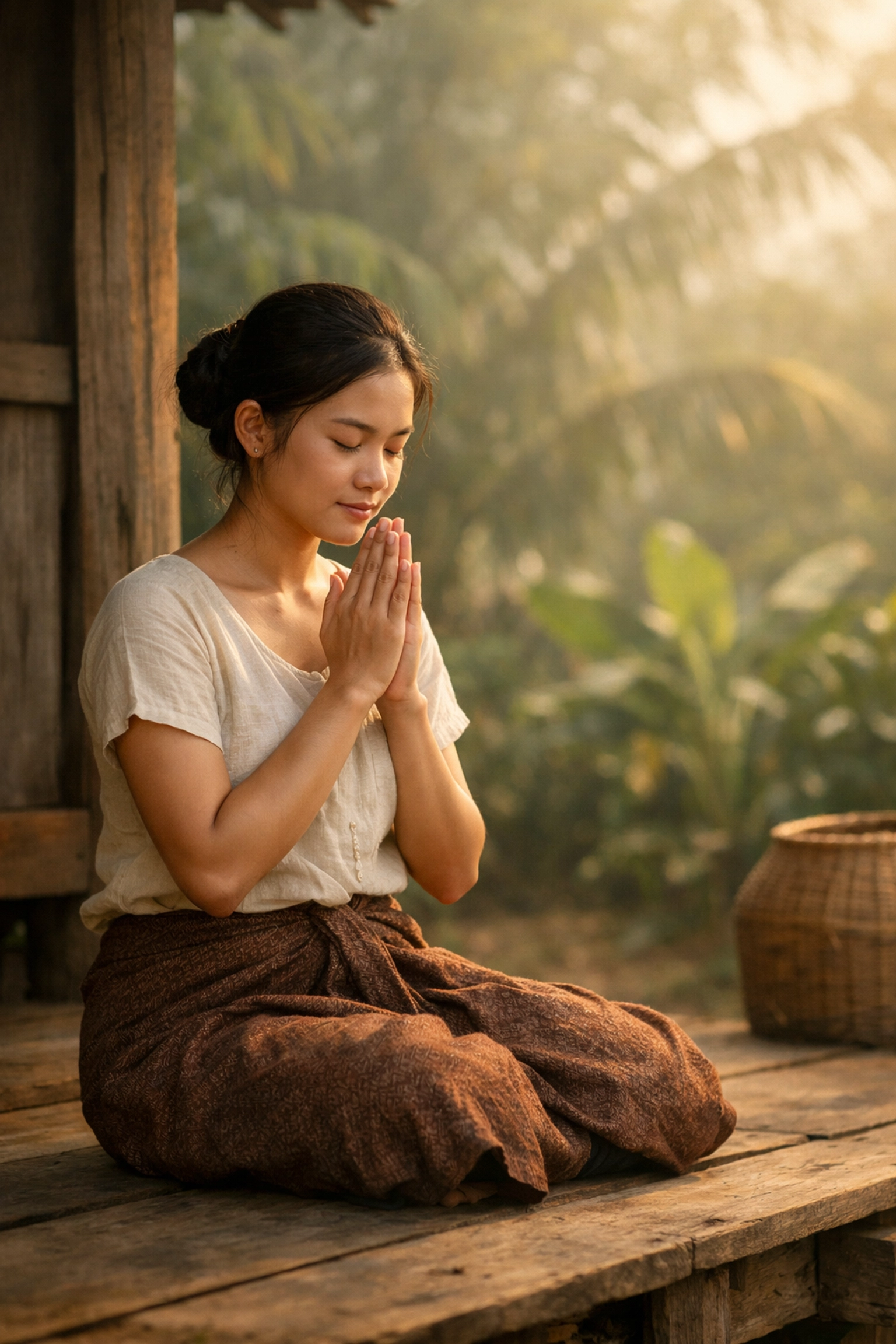 Young Khmer woman praying on a porch, seeking God's wisdom and peace through the Gospel.