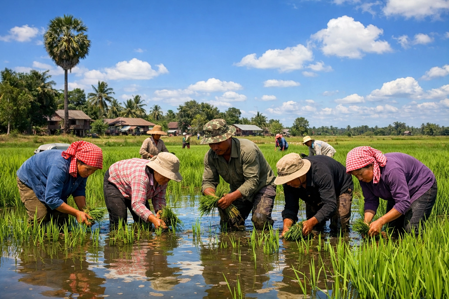 Cambodian rice farmers working in green fields under a blue sky illustrating the harvest of faith.