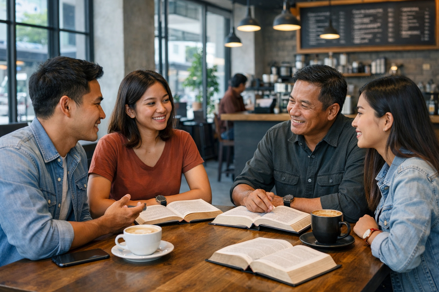 Small group meeting in a modern Phnom Penh cafe with open Bibles, showing Christian sanctification and spiritual growth in Cambodia.