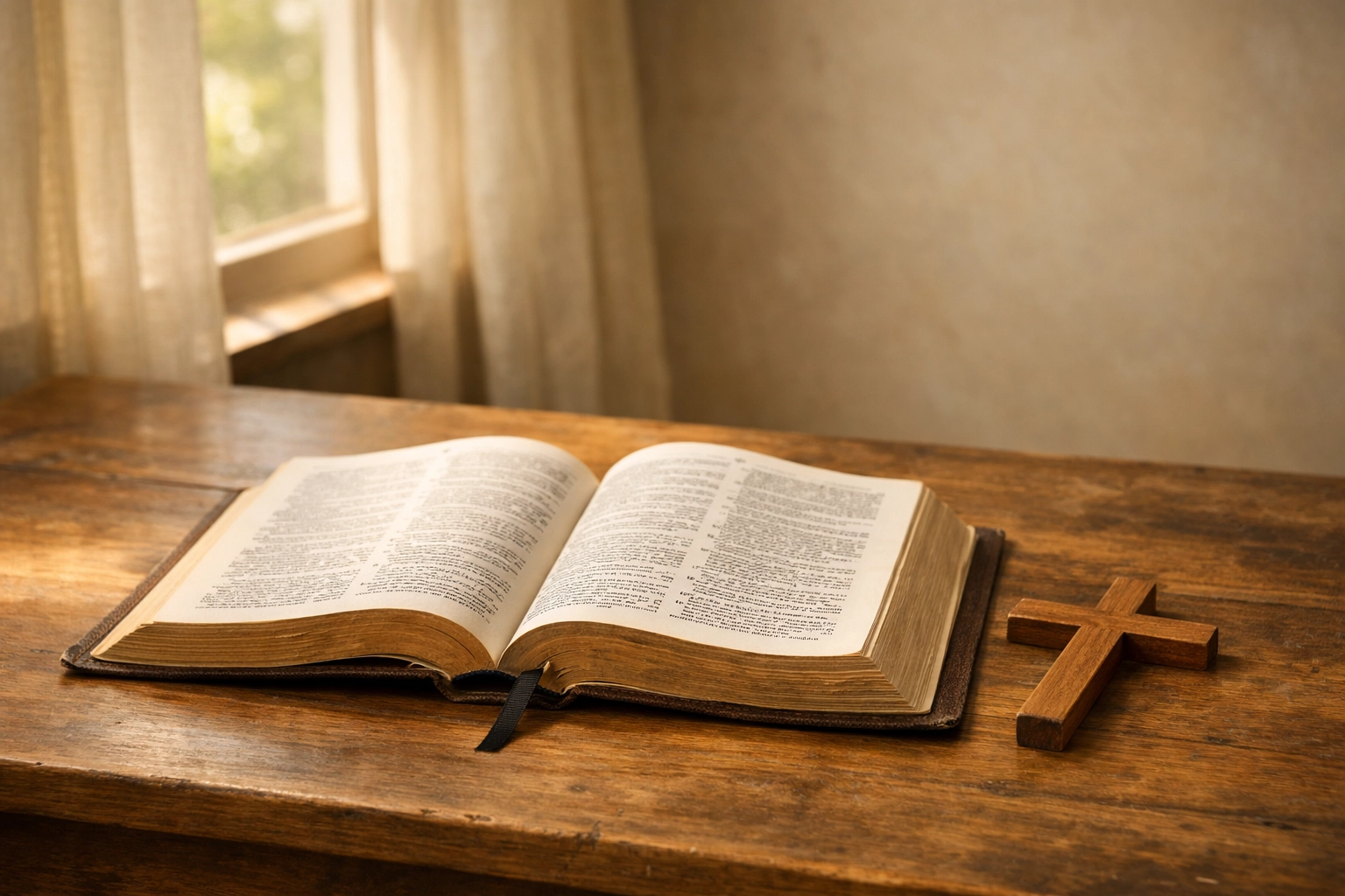 A natural still life of an open Bible on a simple wooden table beside a small wooden cross, lit by soft window light with a gentle gold tint.