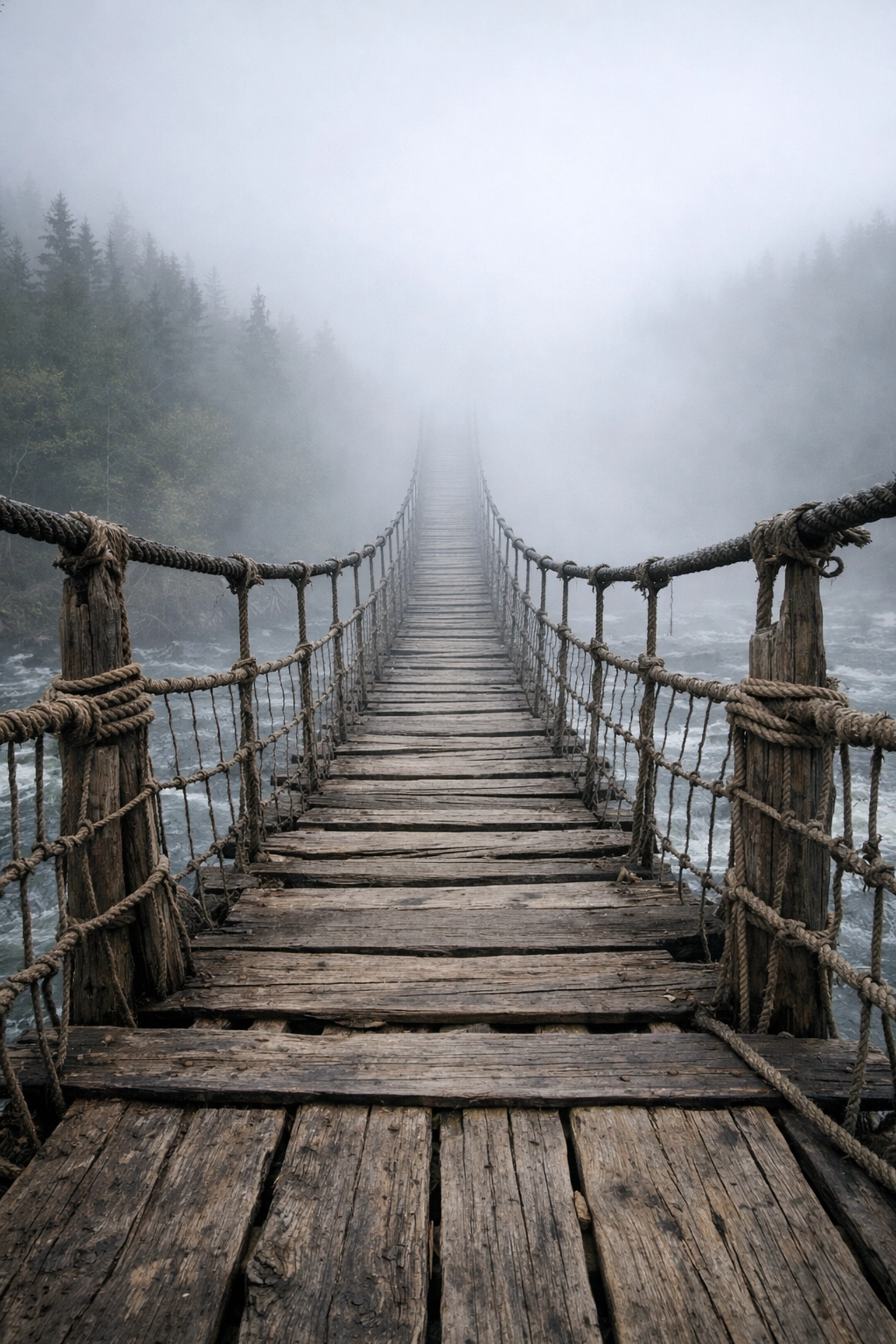 A rustic rope bridge crossing a wide river into thick mist representing faith and trust in God.