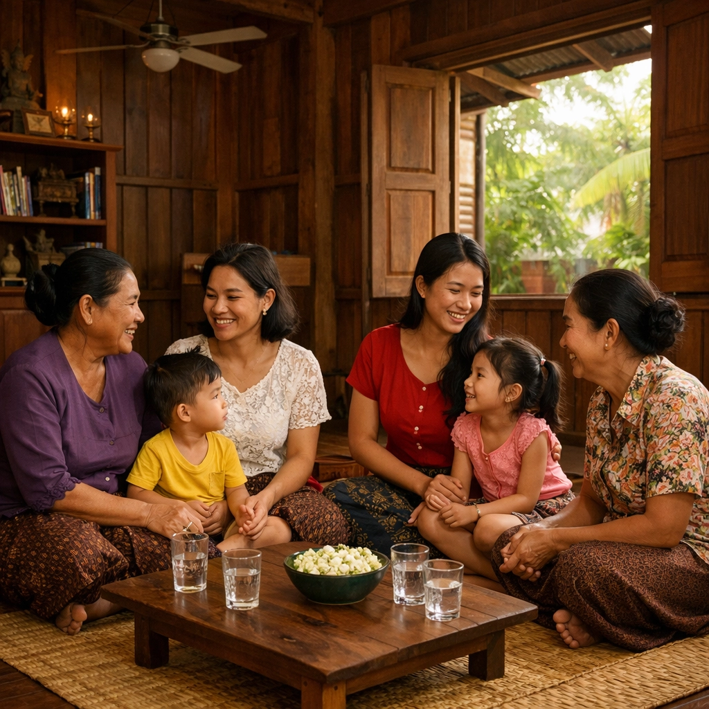 Inspirational christian articles and family fellowship within a traditional Cambodian wooden home.