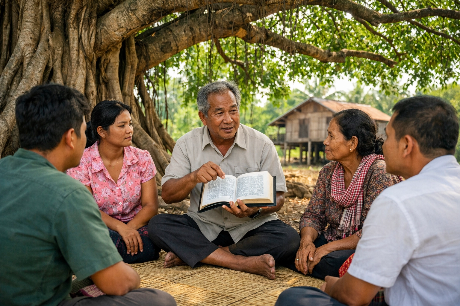 A group of people sitting together in a circle under a large tree. They are talking and looking at a Bible.