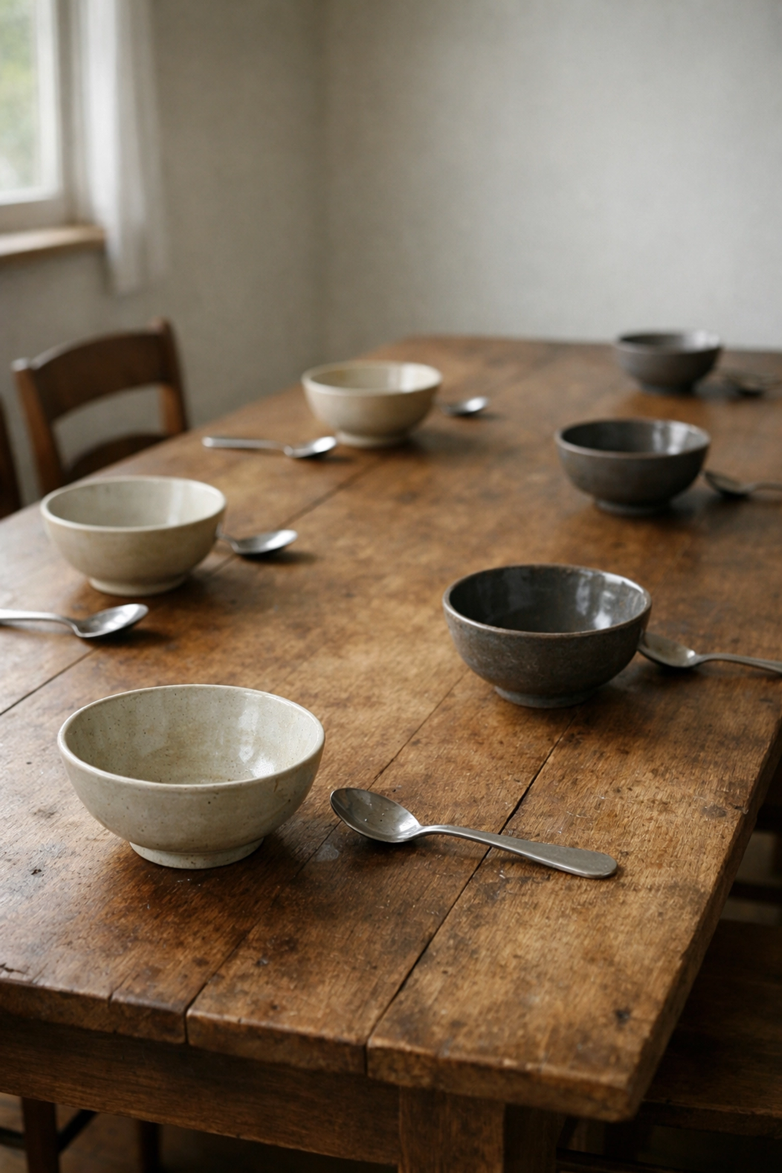 Simple wooden dining table with empty bowls representing George Müller's faith in God's daily provision.