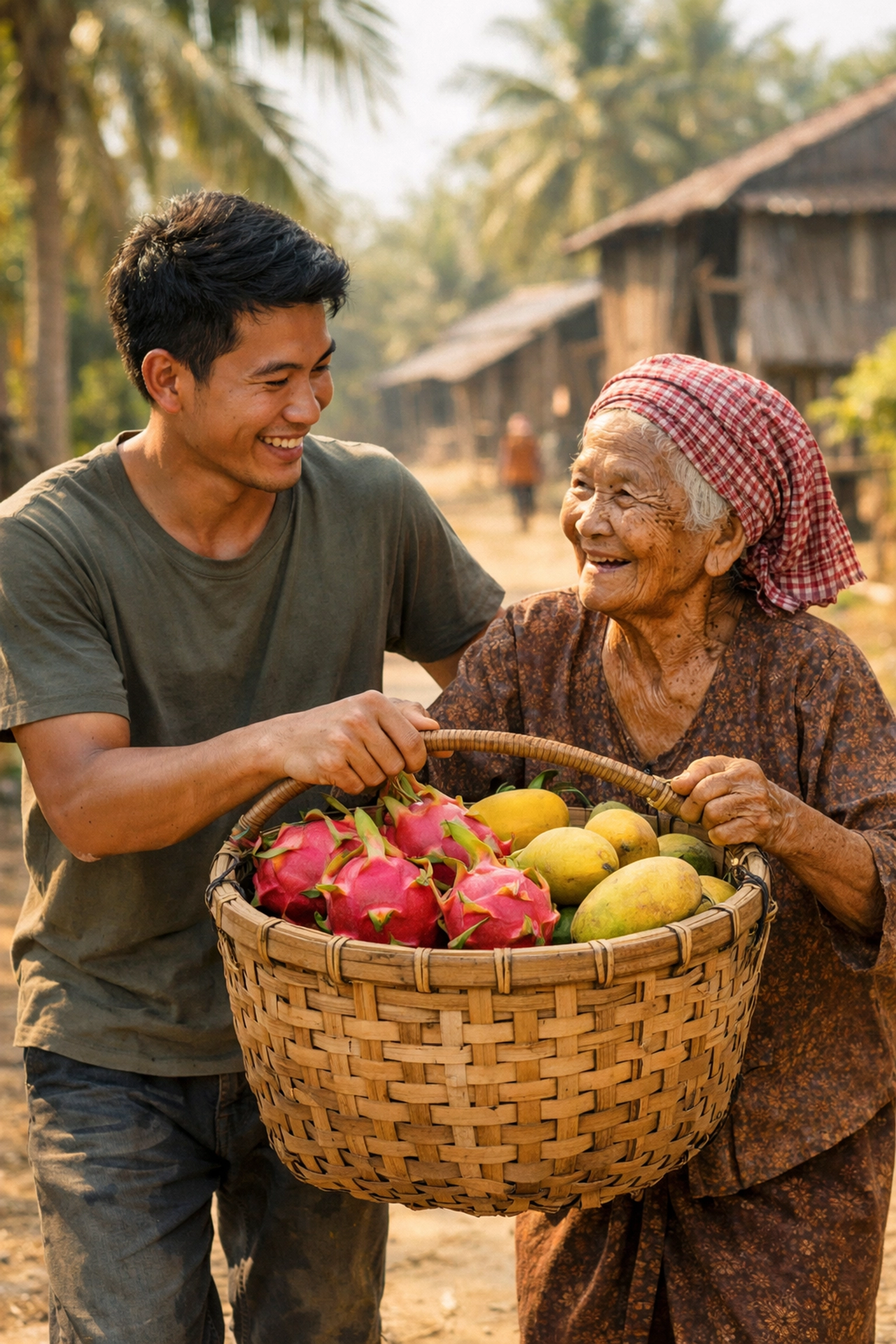 A man helping a neighbor in a Cambodian village, illustrating the daily call to serve others with Christian love.