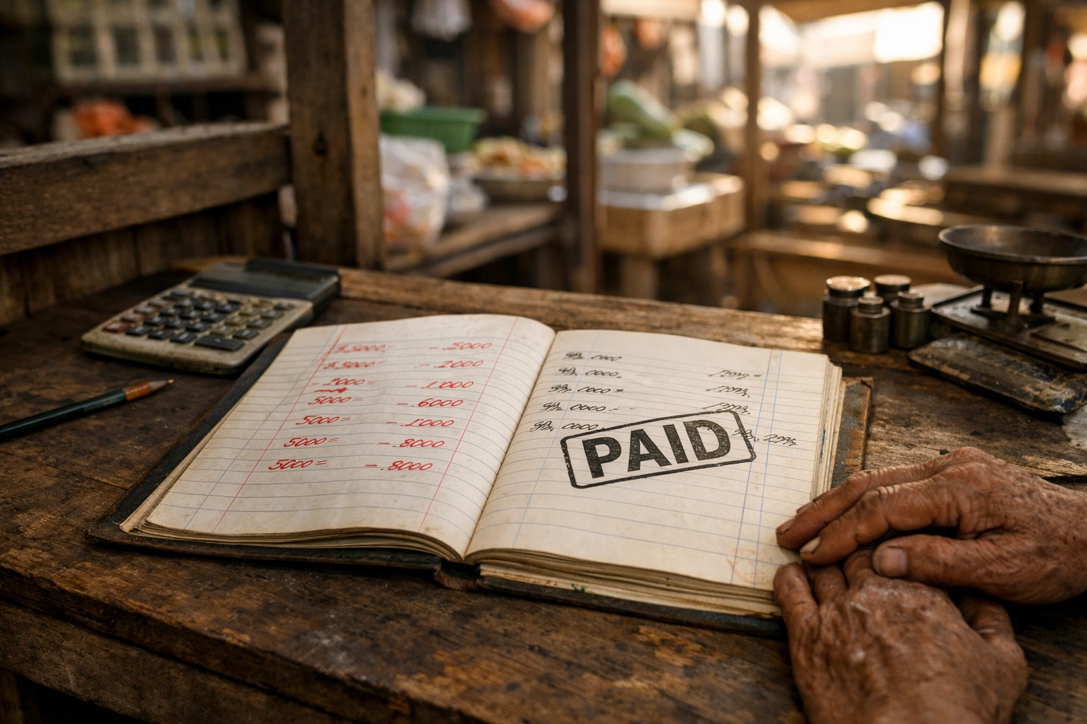 Imputation and divine exchange illustrated by a Cambodian market ledger showing debt in red ink and paid in full in black ink on a vendor desk