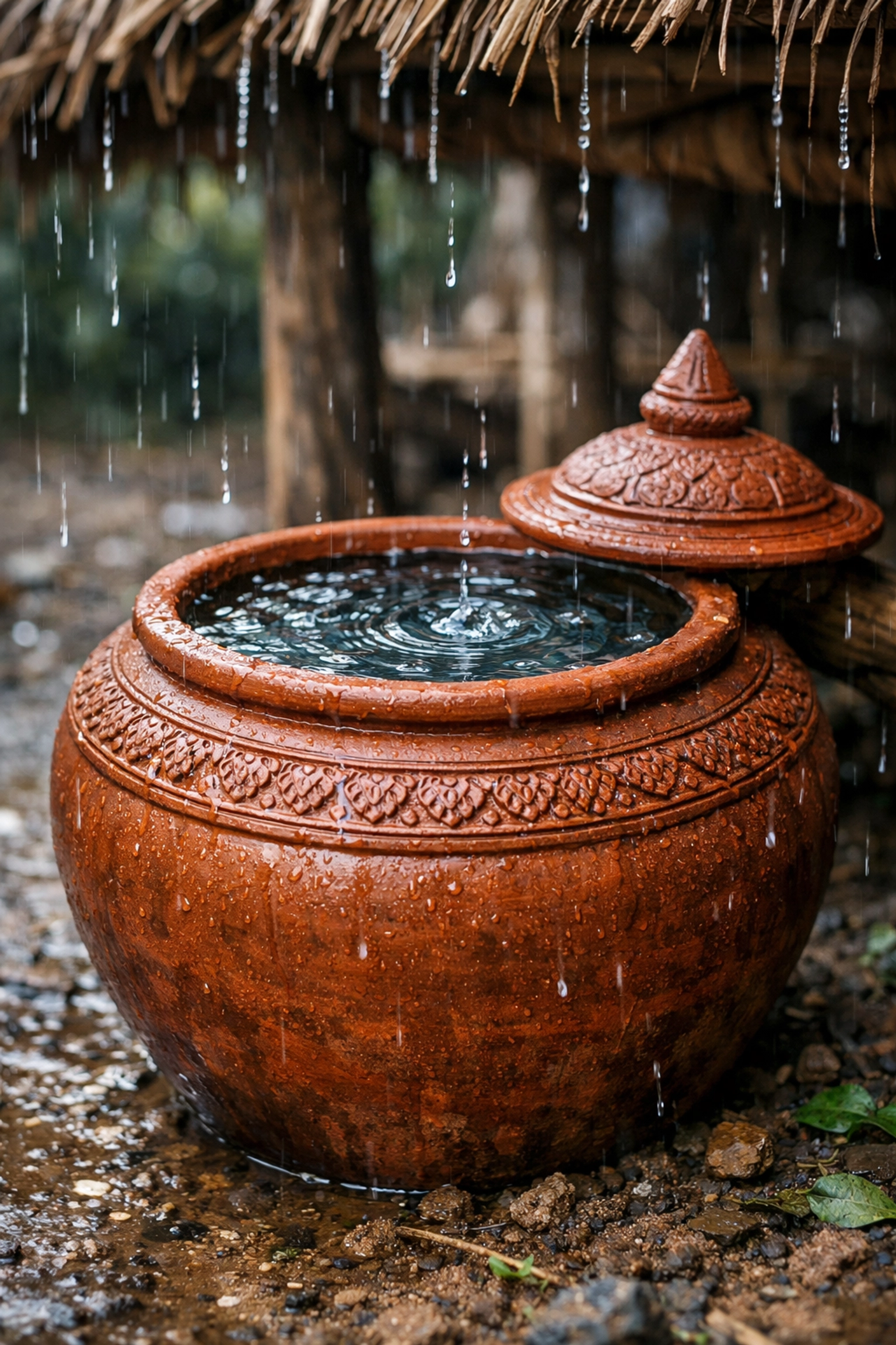 A Khmer terracotta water jar collecting rain, representing spiritual refreshment and humility.