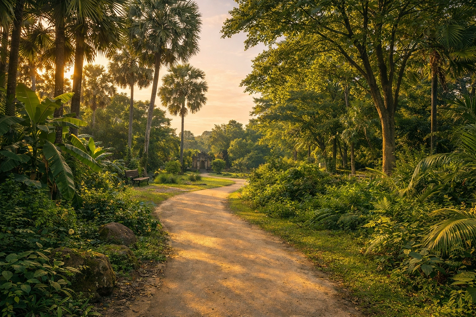 A peaceful walking path through green trees in Cambodia during a sunny afternoon.