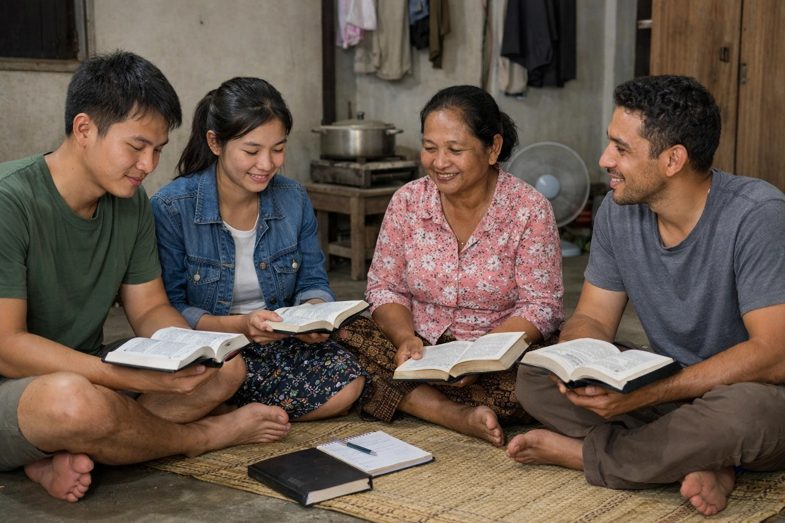 A small group studying the Bible together in a simple home setting, soft neutral lighting.