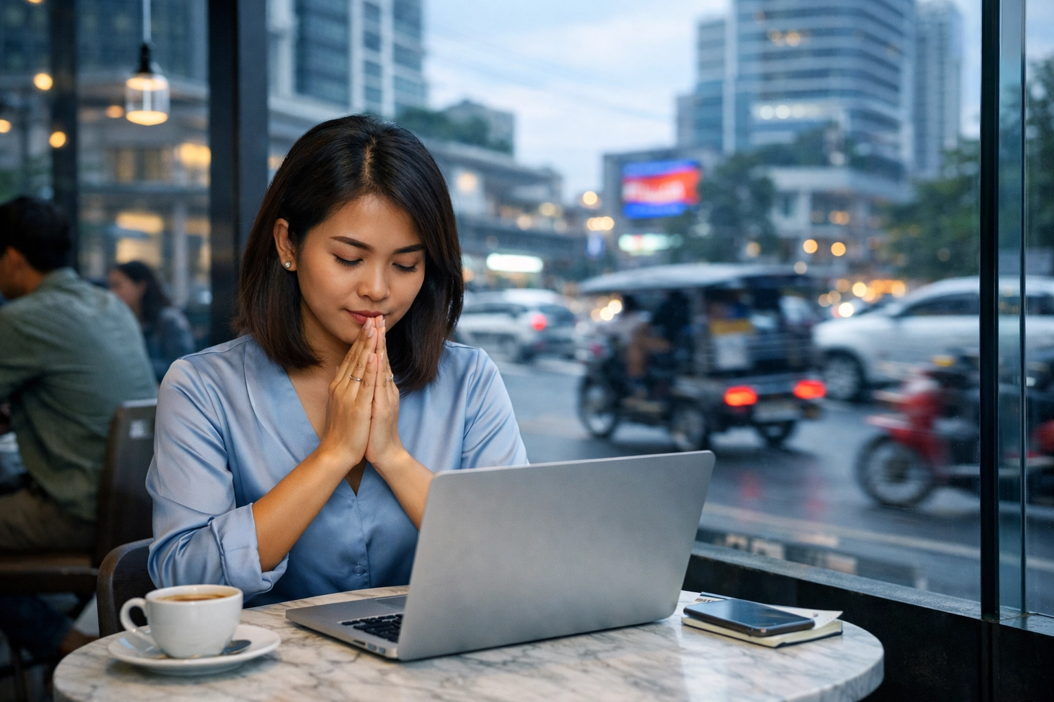 A Cambodian woman bows her head in a moment of prayer at a busy Phnom Penh cafe during her urban workday.
