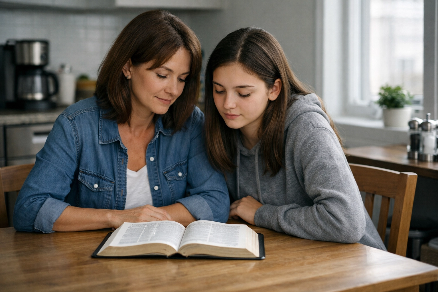 A mother and daughter study the Bible together at a table, representing a living and active faith.