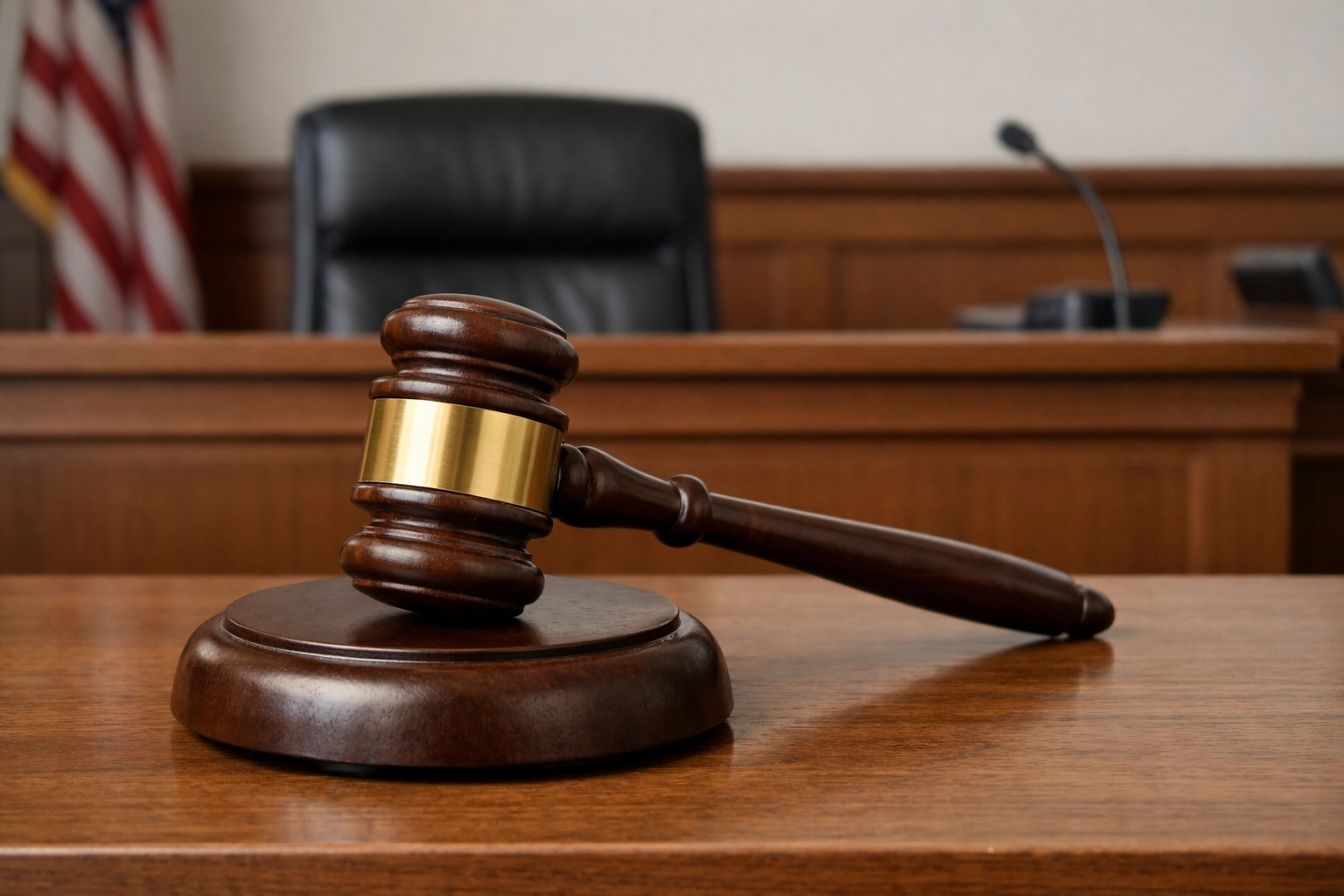 A realistic courtroom gavel on a clean wooden desk, photographed in natural daylight.