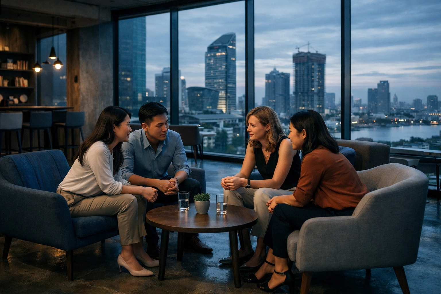 Group of women and men in modern Western-style clothing talking in a Phnom Penh building, sharing daily christian encouragement for faith and mental health