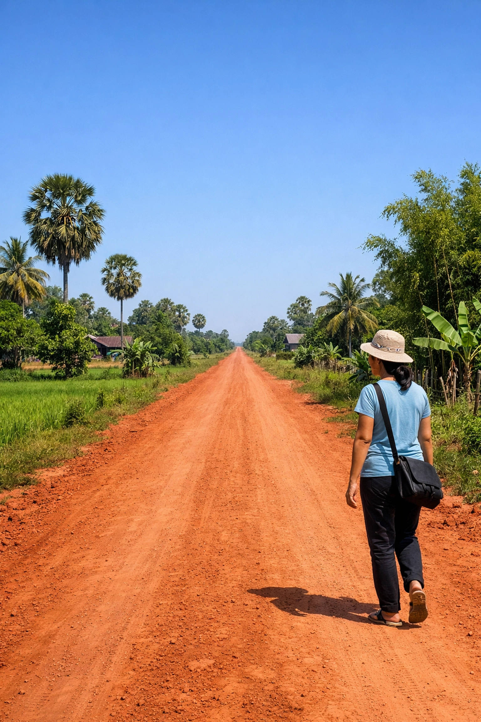 Christian spiritual growth, faith and joy, and daily Christian encouragement shown through a woman walking on a realistic midday rural Cambodian village road.