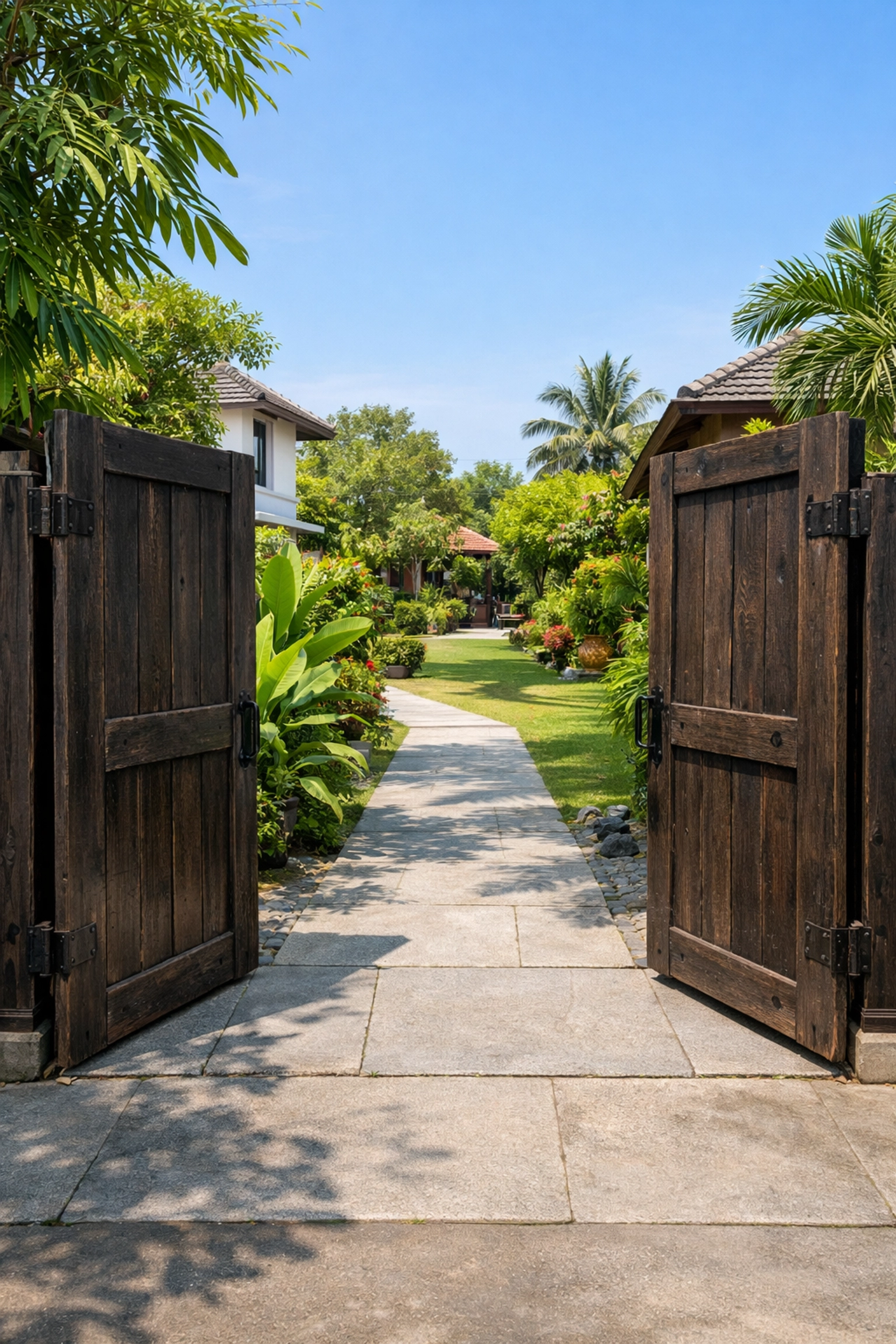 An open wooden gate on a stone path in Phnom Penh, representing the doorway of Christian forgiveness.