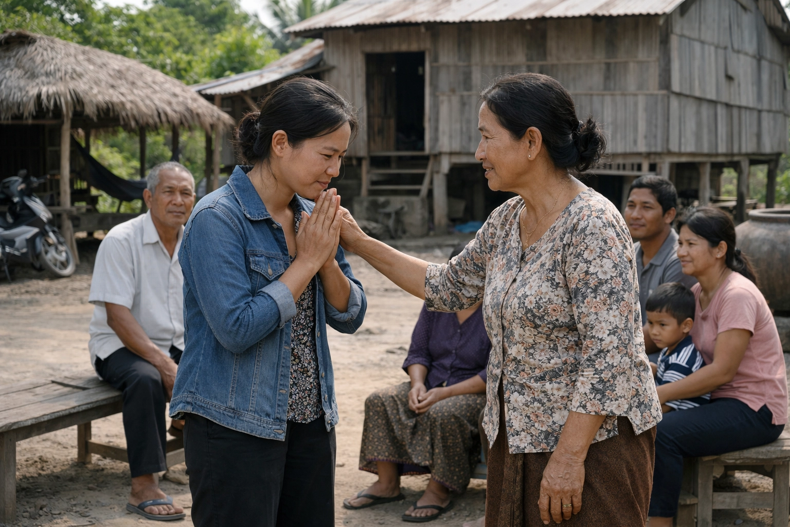 Cambodian family members in a calm village reconciliation scene during midday light, showing restored peace and forgiveness through a realistic setting.