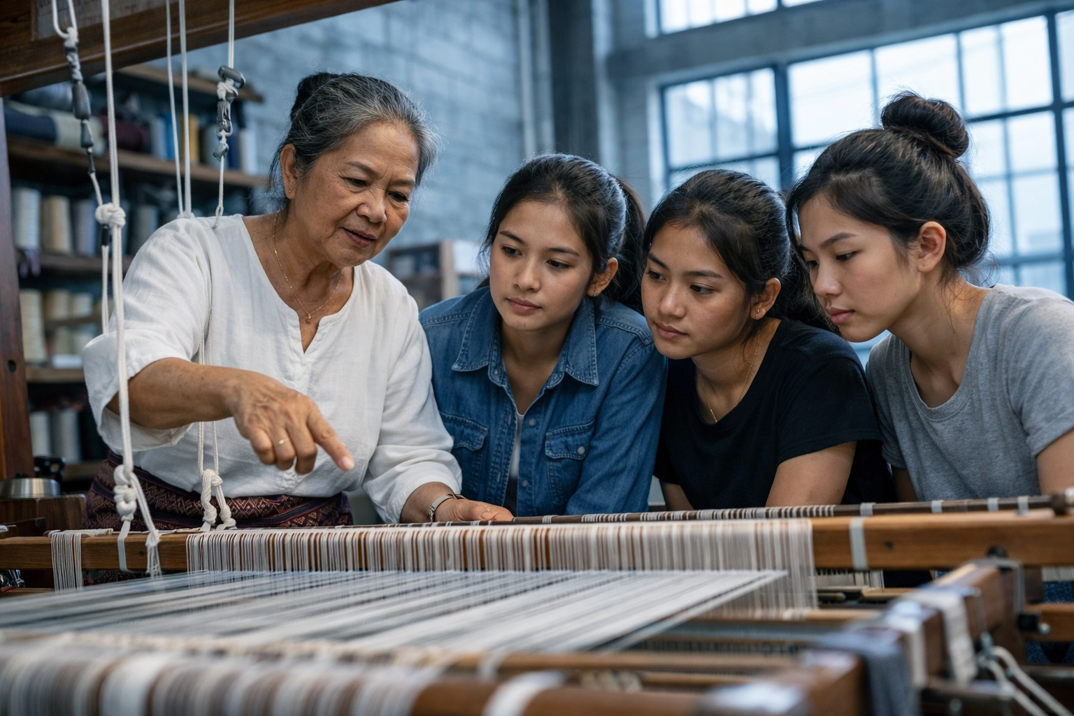 A Cambodian master weaver training apprentices, illustrating the cost and dedication of Christian discipleship.